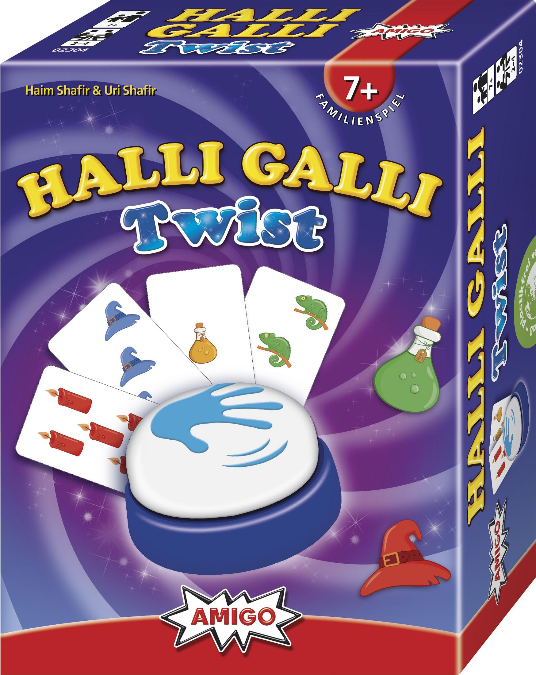 Brettspielkasten mit Karten und dem Halli Galli Twist-Logo, mit Karten und einem Knopf.