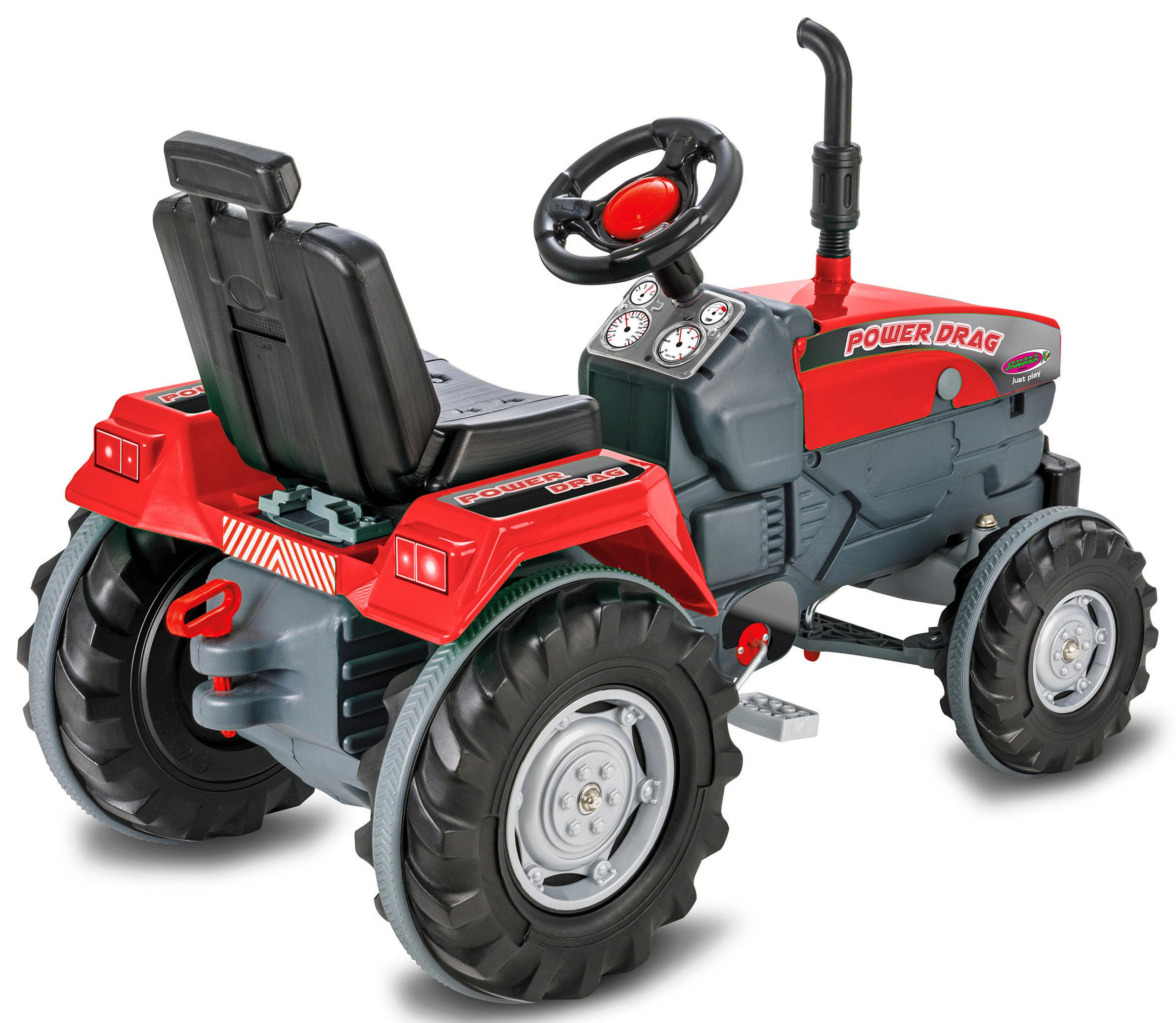 Ein rot-grauer Spielzeugtraktor. Der Traktor hat einen Fahrersitz und große Reifen.