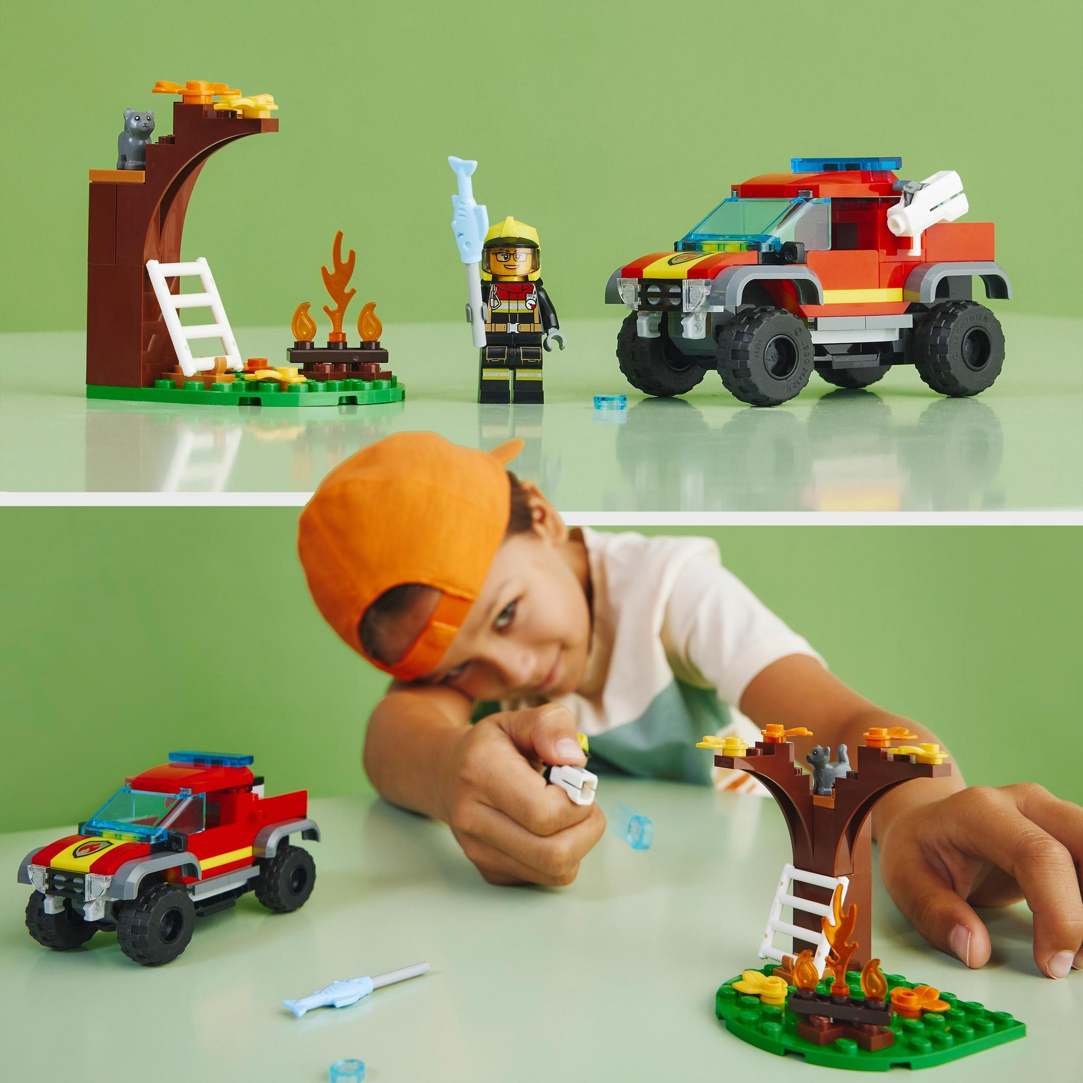 Ein Kind spielt mit Lego. Ein Feuerwehrauto und eine Lego-Szene stehen auf dem Tisch.