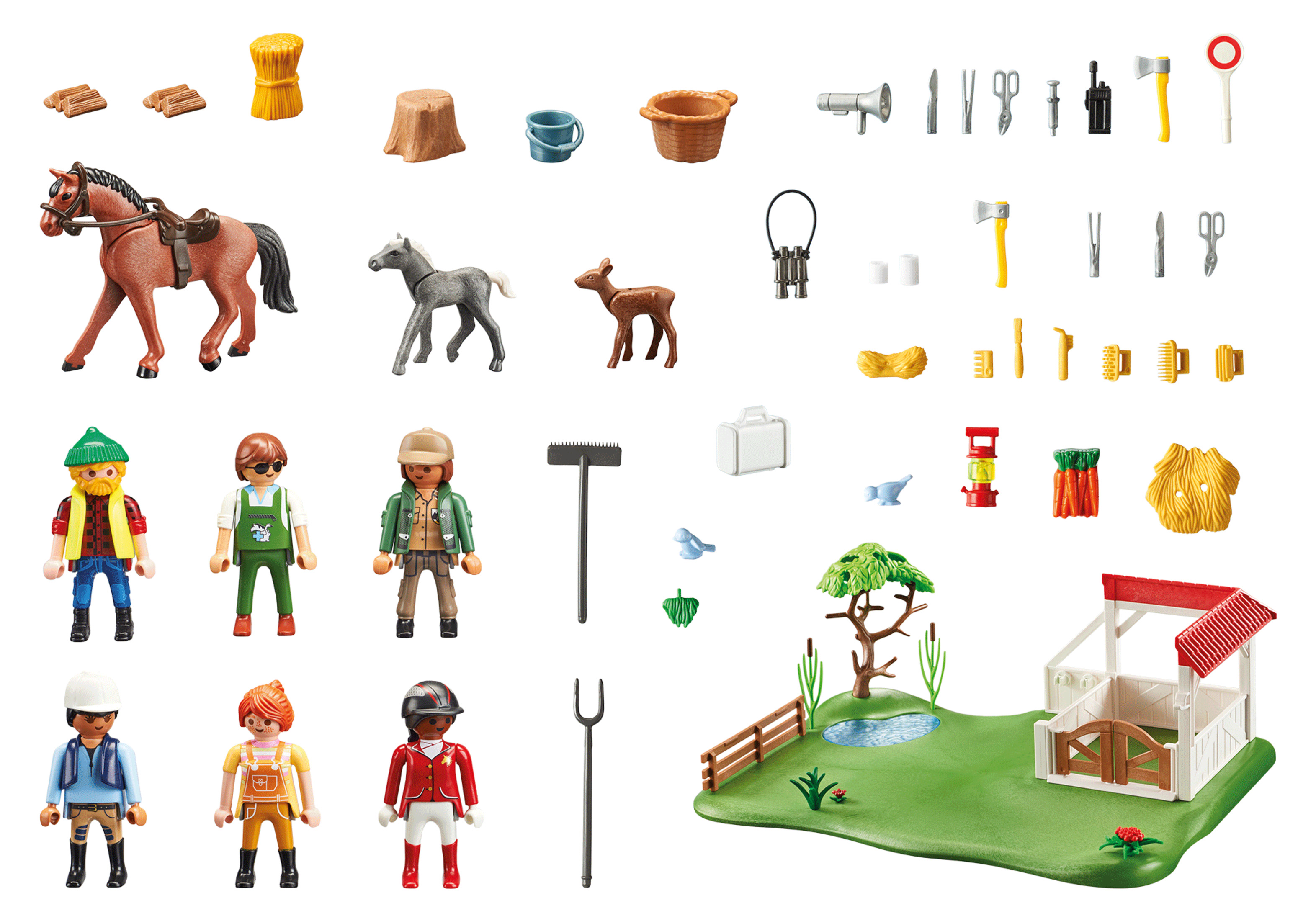 Set fattoria Playmobil con personaggi, un cavallo, un puledro e vari attrezzi agricoli.