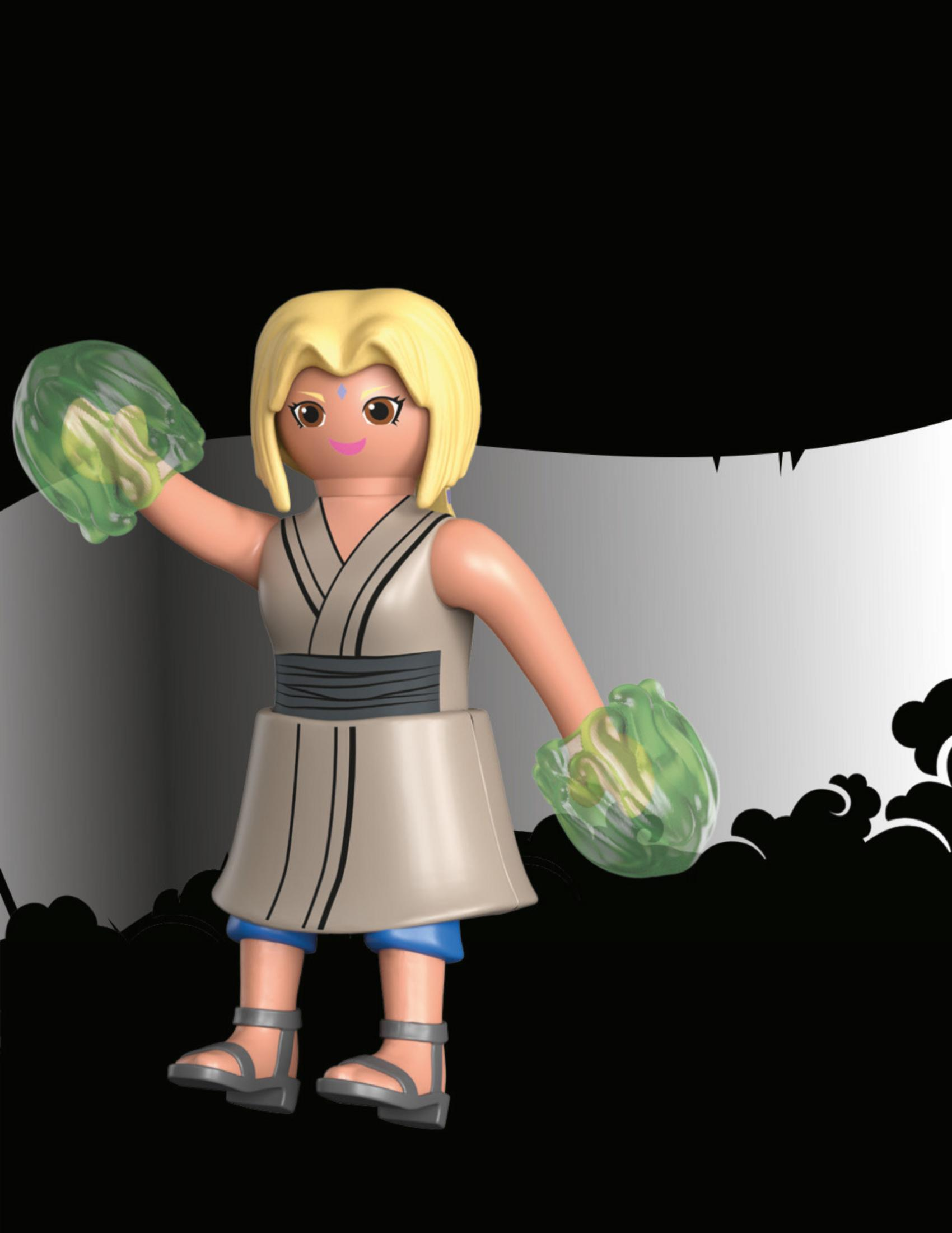 Personaggio Playmobil con capelli biondi, effetti energetici. Sfondo nero.