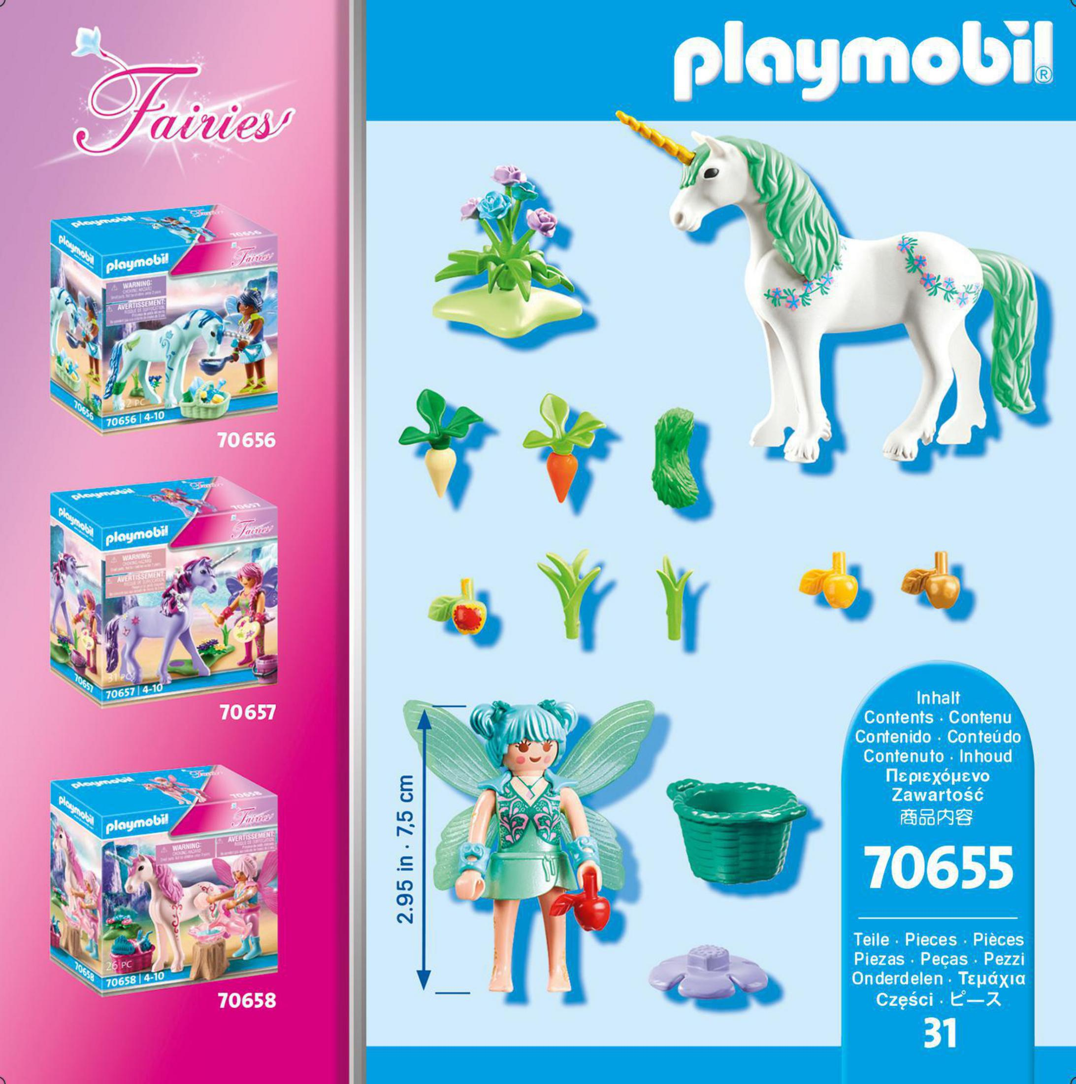 Playmobil-Box mit Figuren, einer Fee, einem Einhorn und Zubehör.