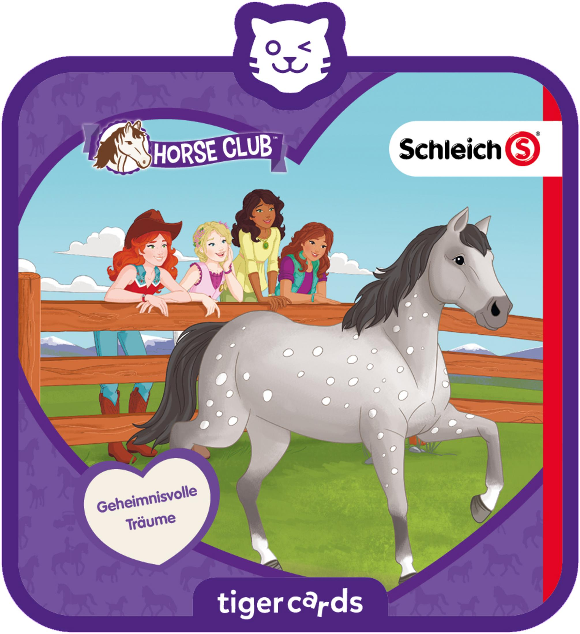 Illustration auf einer Karte mit vier Mädchen, einem Pferd und einem Holzzaun, mit Text und einem Logo.