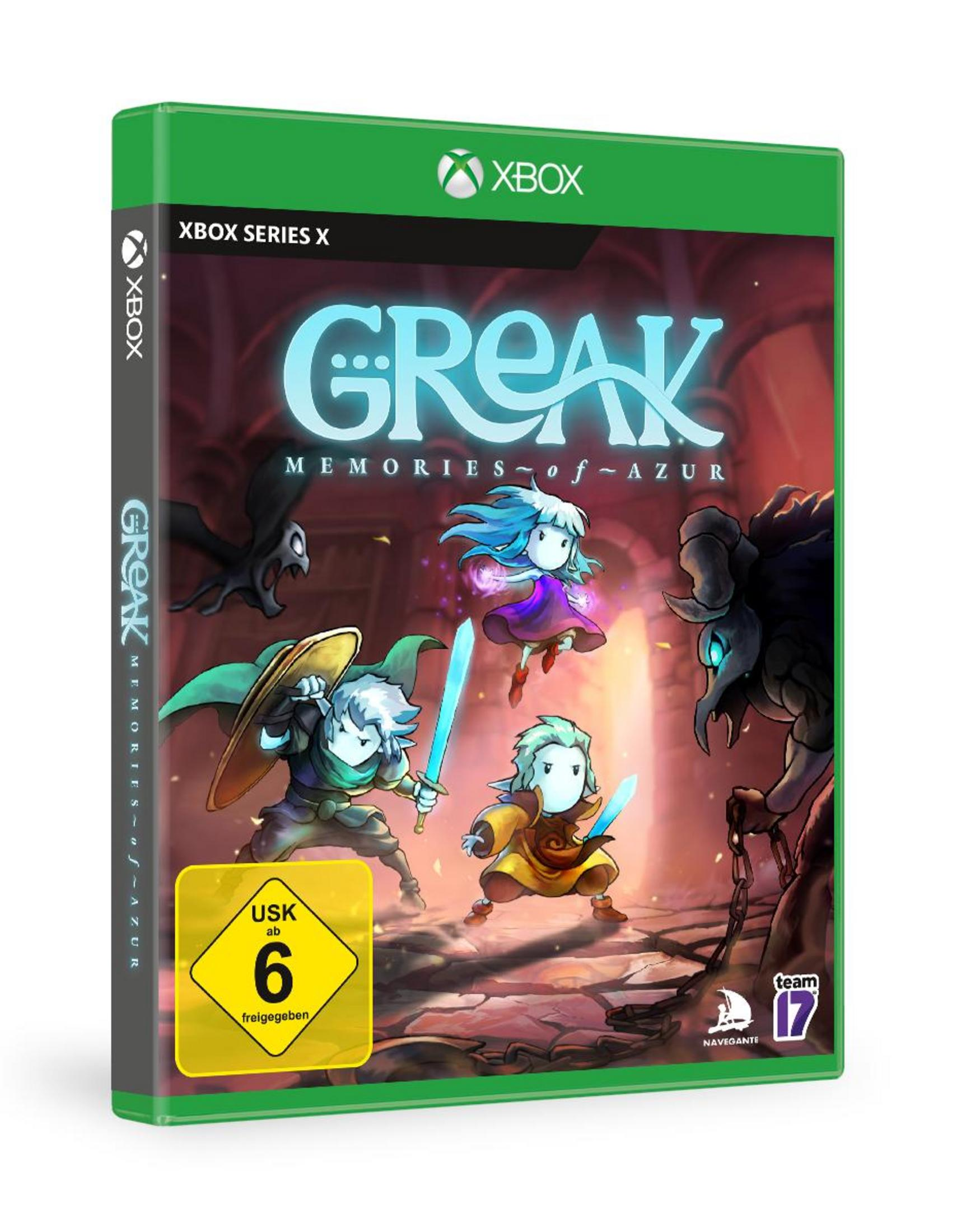 Una scatola di videogiochi, intitolata 'GREAK: Memories of Azur'. La copertina mostra tre figure animate.