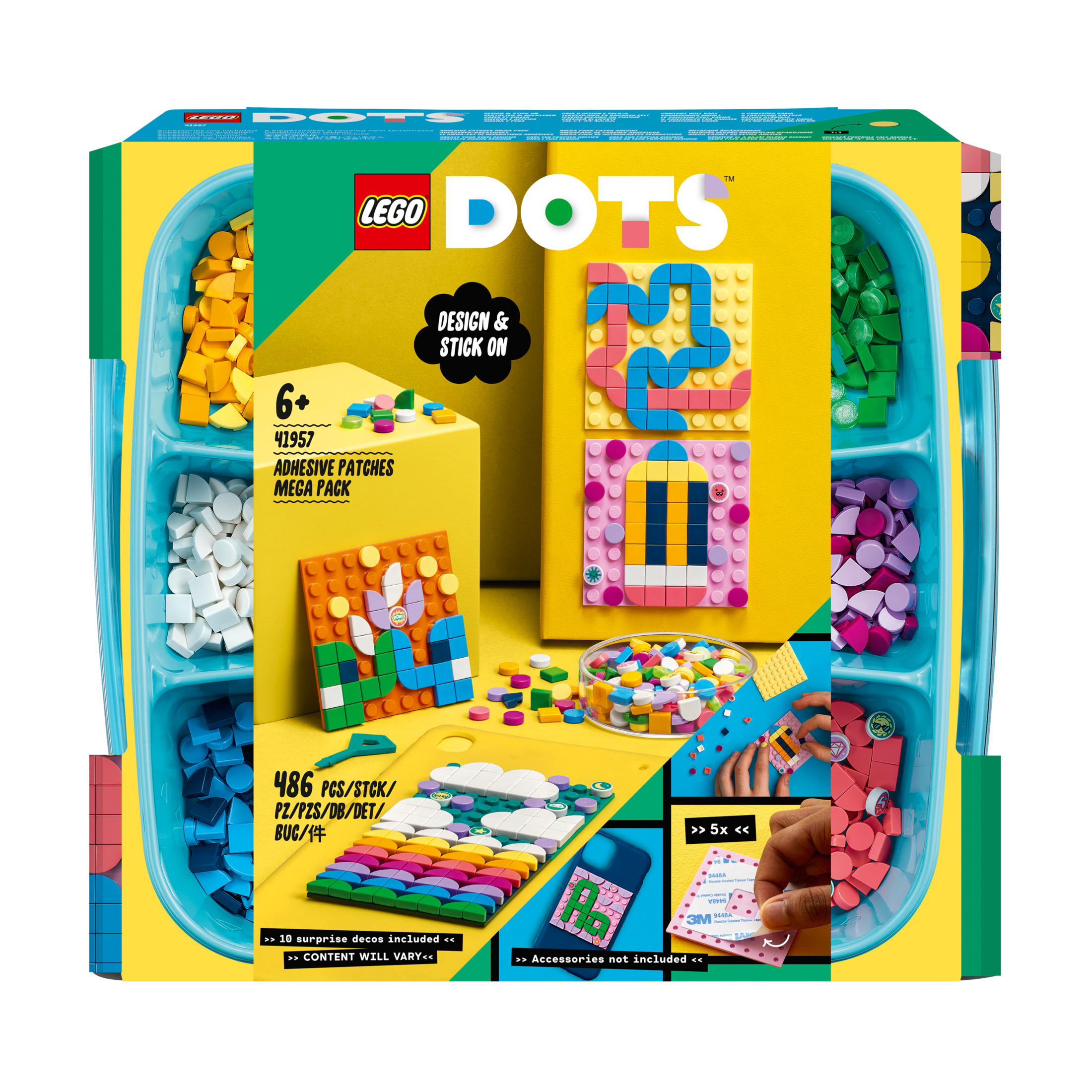 Lego Dots Set, eine Box mit bunten Teilen und Beispielen, wie man Bilder erstellt.