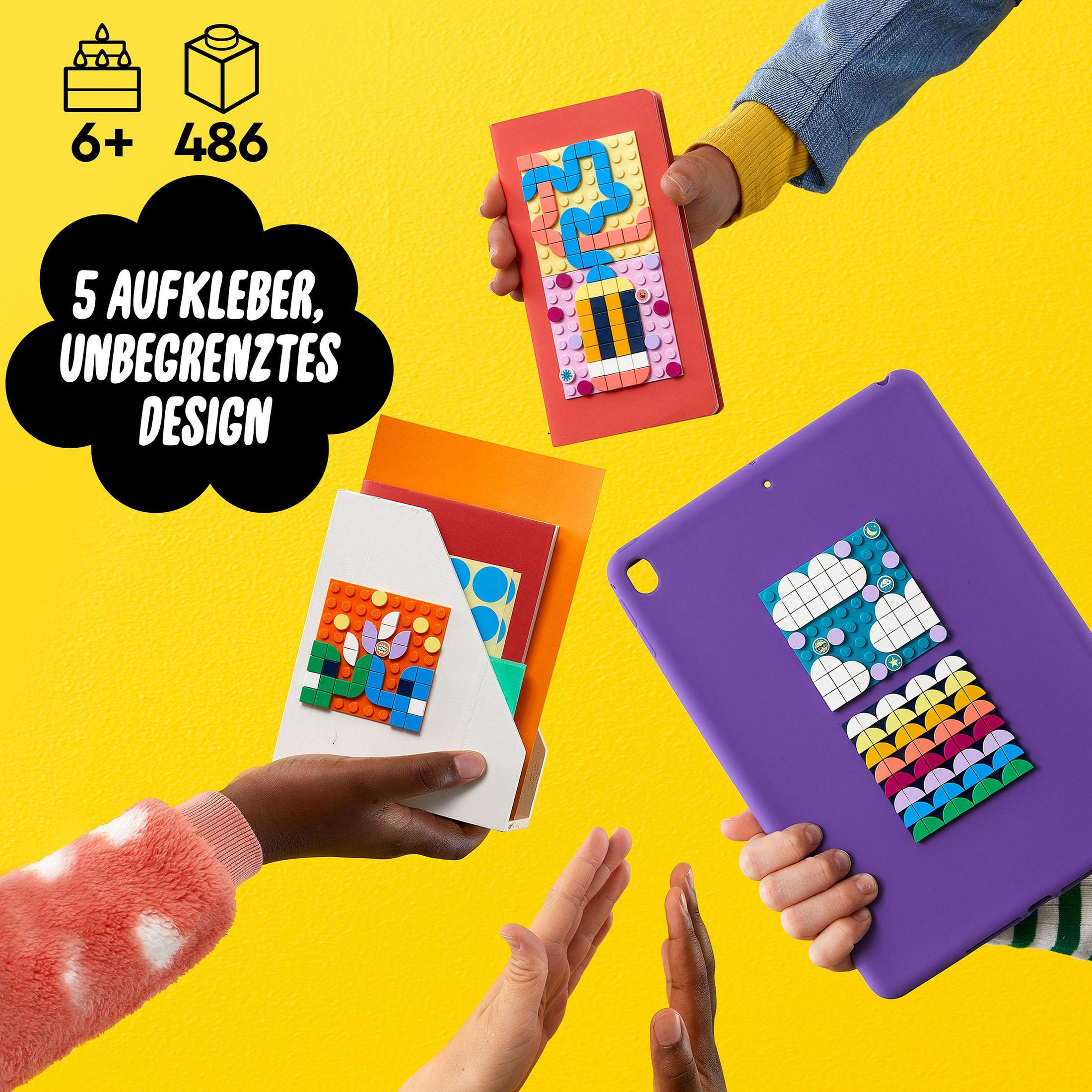 Hände halten bunte Lego-Kreationen, mit Text über Aufkleber und unbegrenzte Designoptionen.