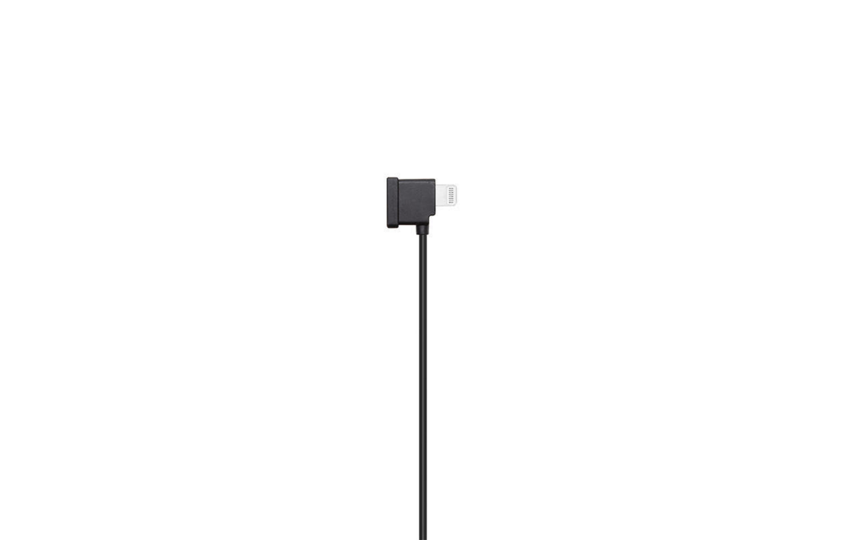 Ein schwarzes Ladekabel mit einem rechtwinkligen Stecker auf weißem Hintergrund. Der Stecker ist vom Typ Lightning.
