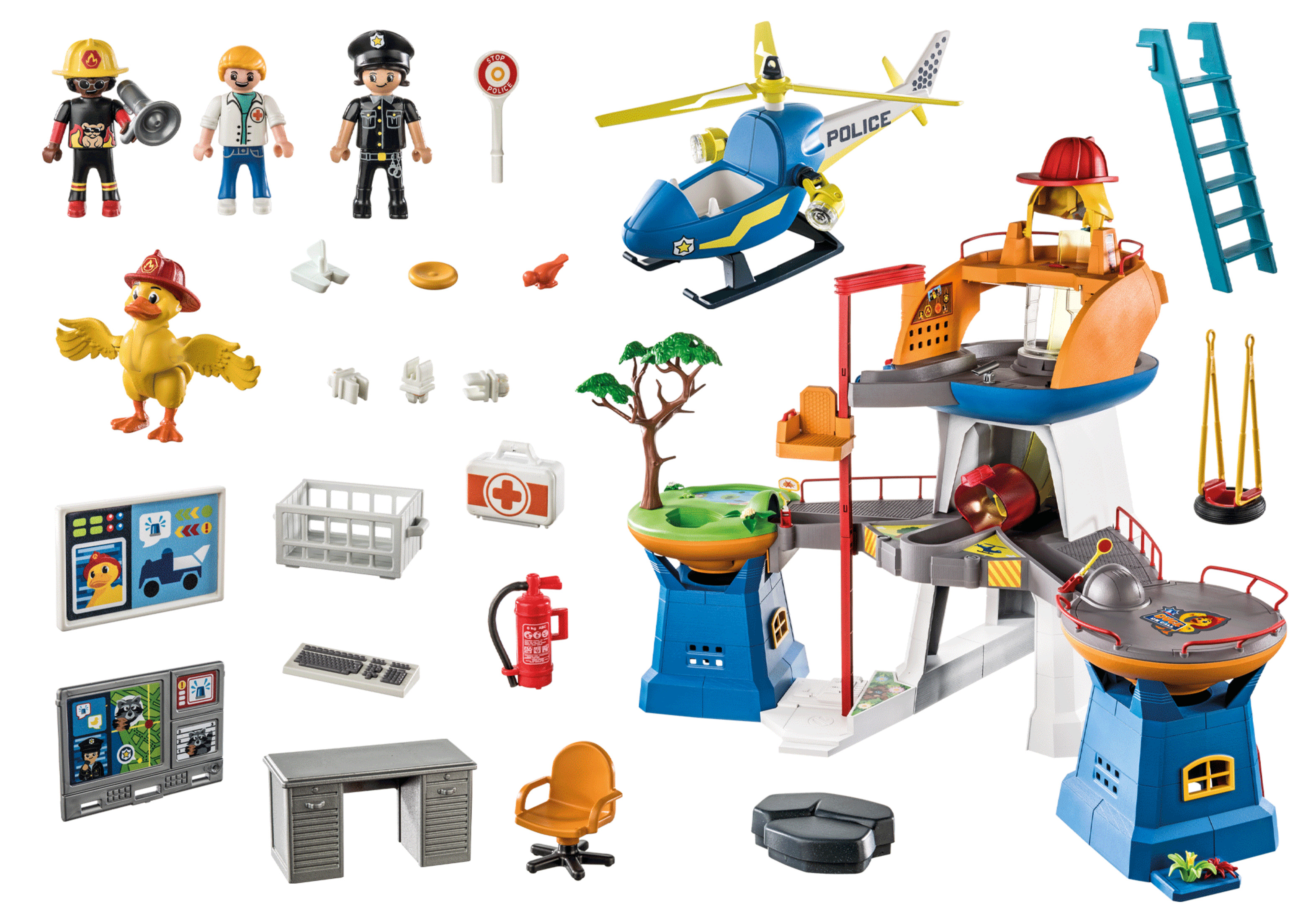 Playmobil Feuerwehr-Set mit Figuren, Hubschrauber, Feuerwehrauto und Zubehör.