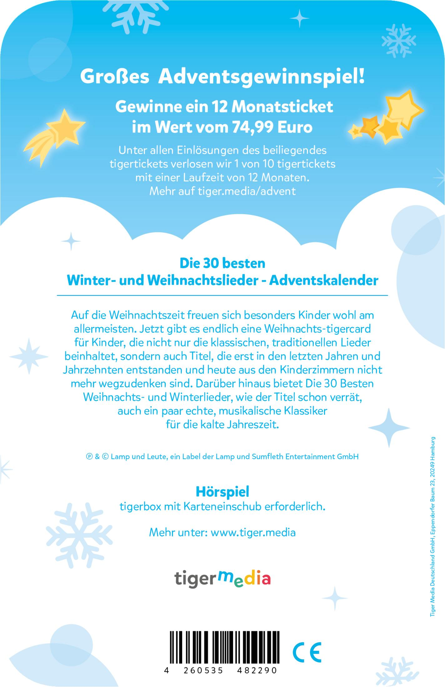 Rückseite eines Weihnachtskalenders, Text auf Deutsch mit Sternen und Schneeflocken.