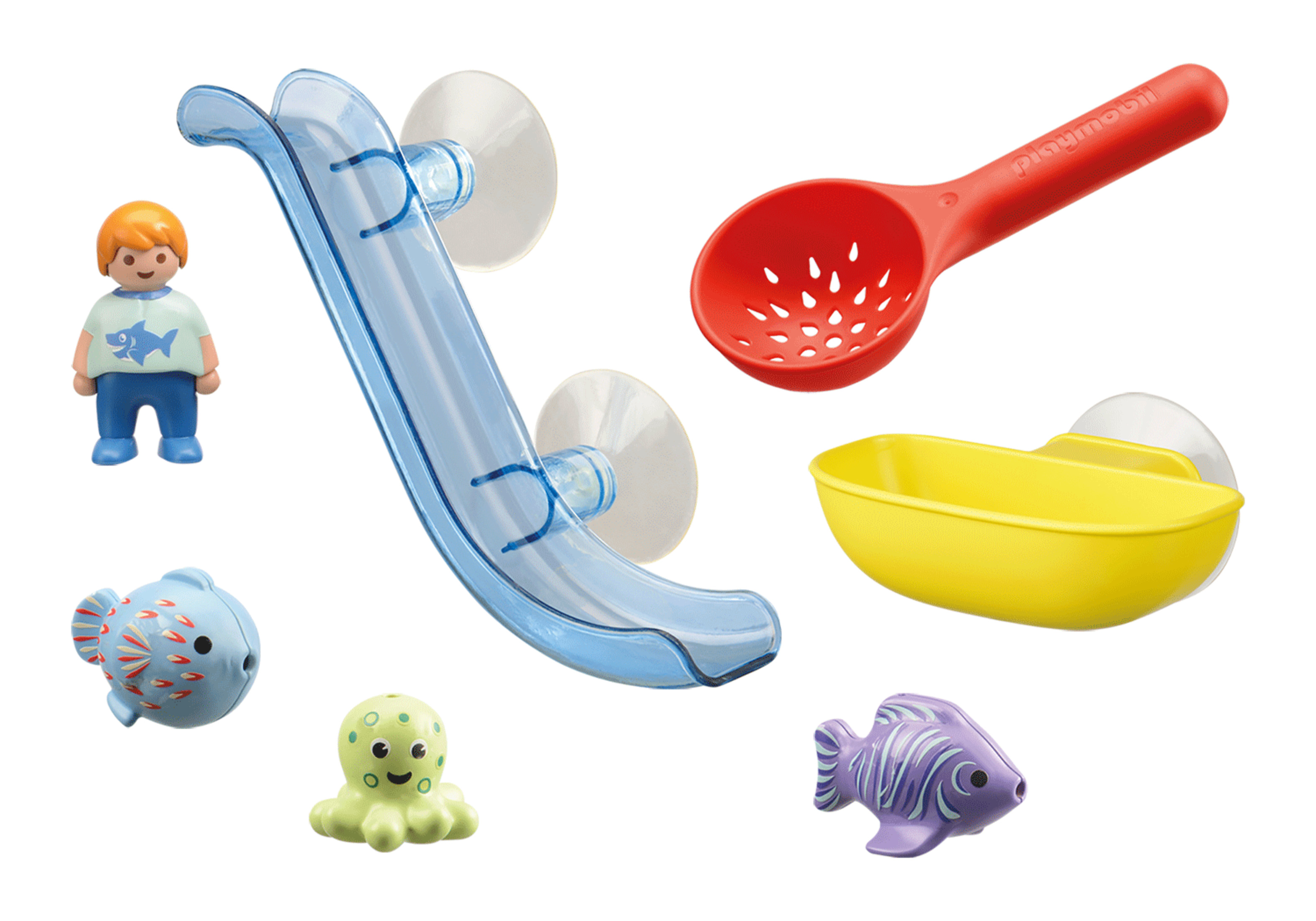 Playmobil Badezubehör-Set mit Junge, Rutsche, Fischen und anderen Badartikeln.