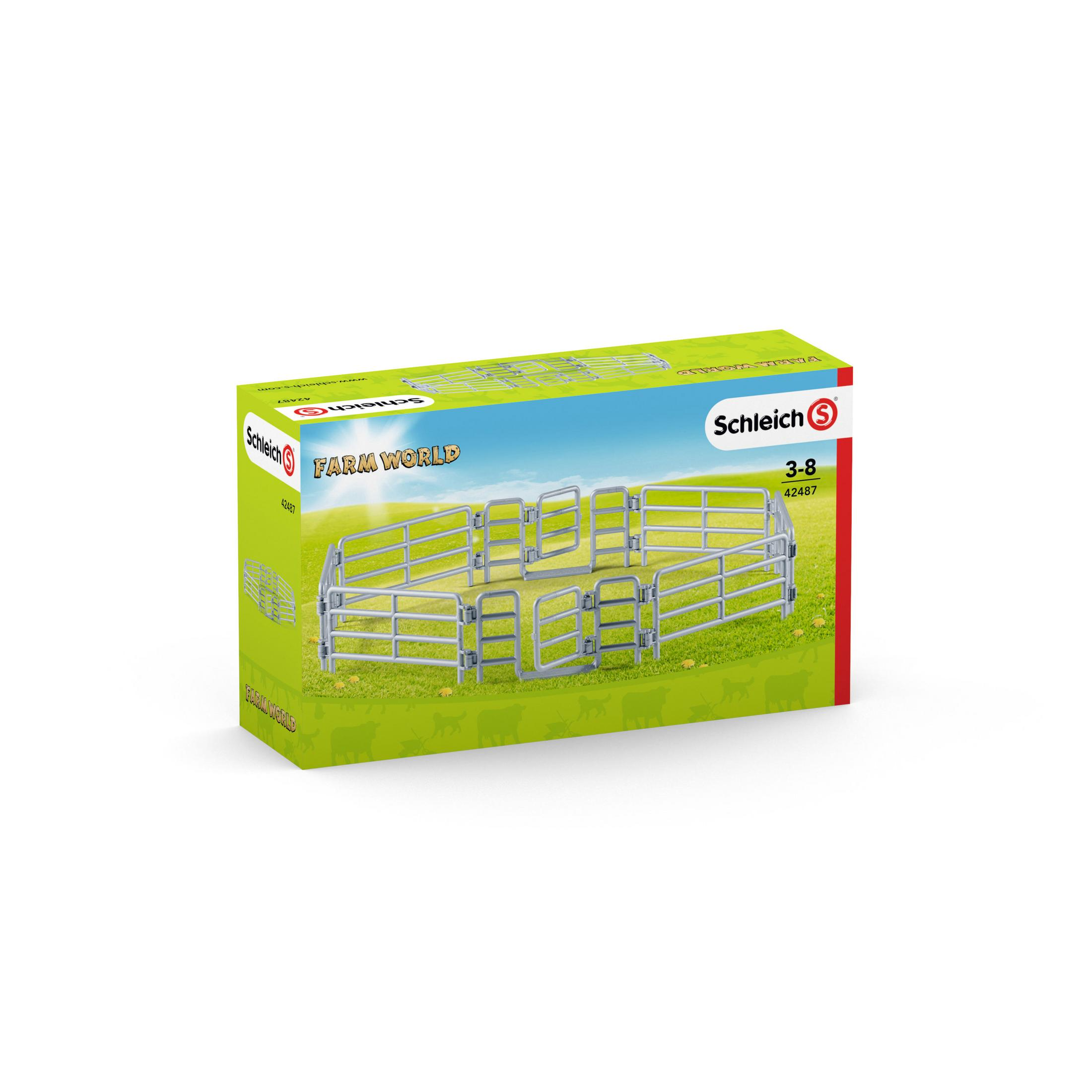 Una scatola che mostra un set Schleich Farm World con recinzioni e animali da fattoria.