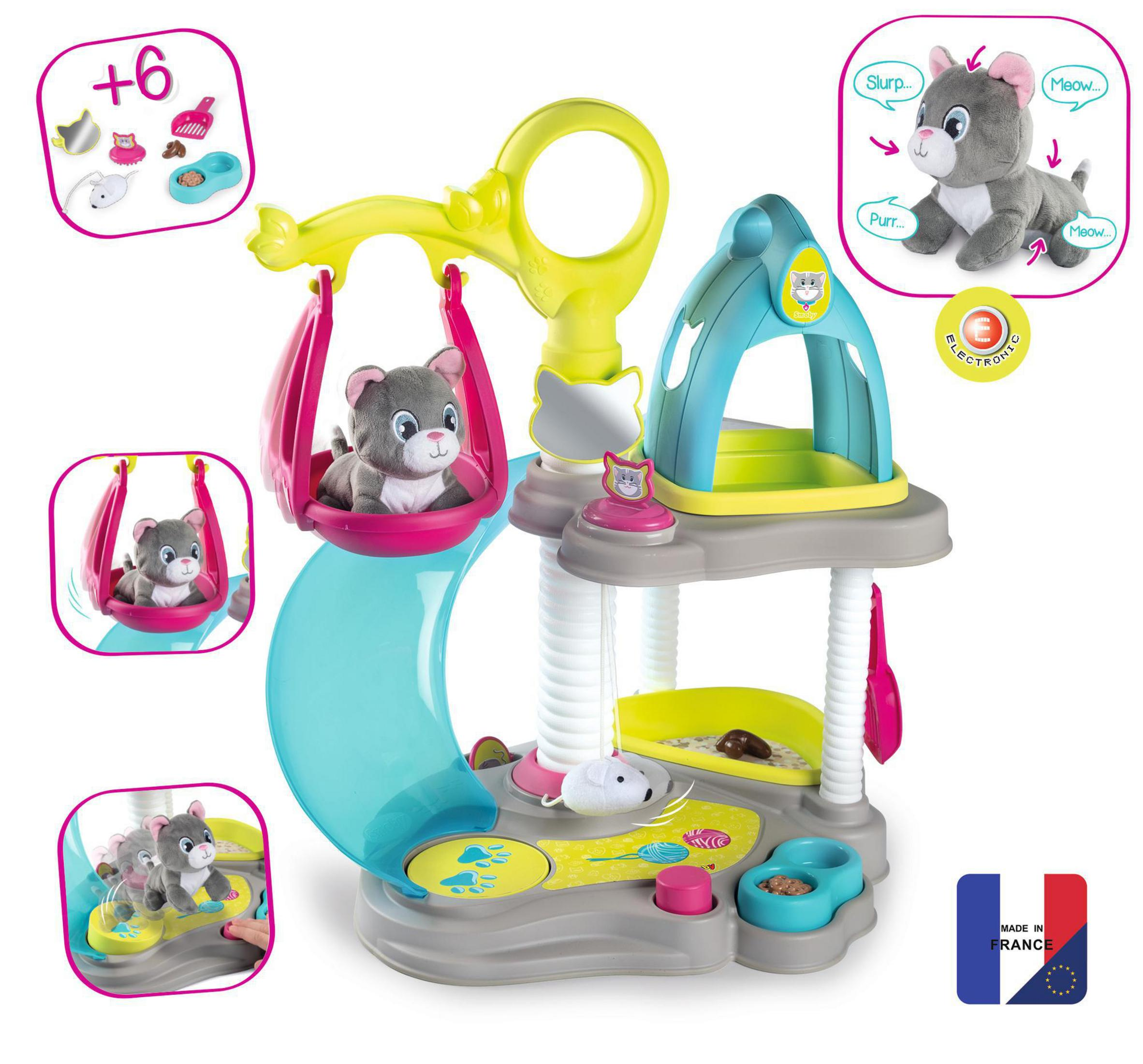 Ein Katzenspielset mit einer grauen Katzenfigur, mit Wasserrutsche und anderem Zubehör.