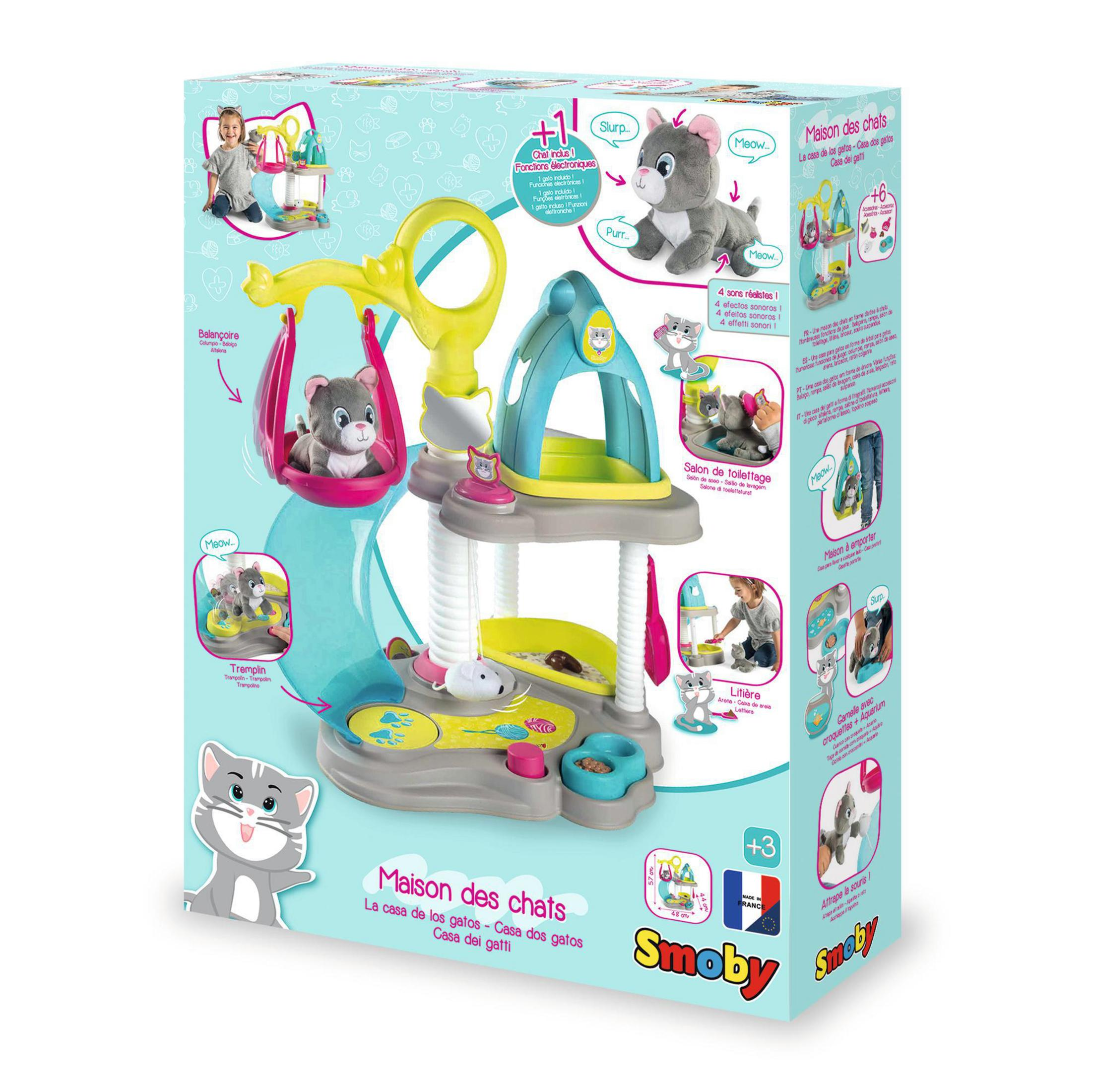 Katzenspielset mit verschiedenen Katzenfiguren, einer Schaukel und einem mehrstöckigen Aufbau.