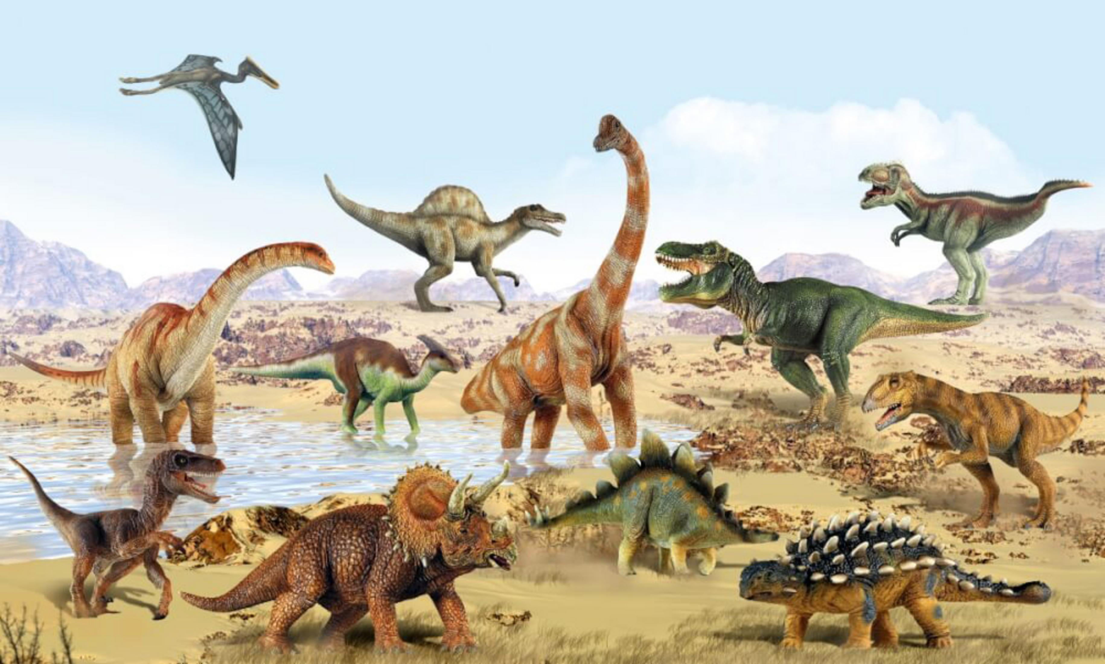 Dinosauri in un paesaggio: Brachiosaurus, T-Rex e altri vicino all'acqua e alla sabbia.