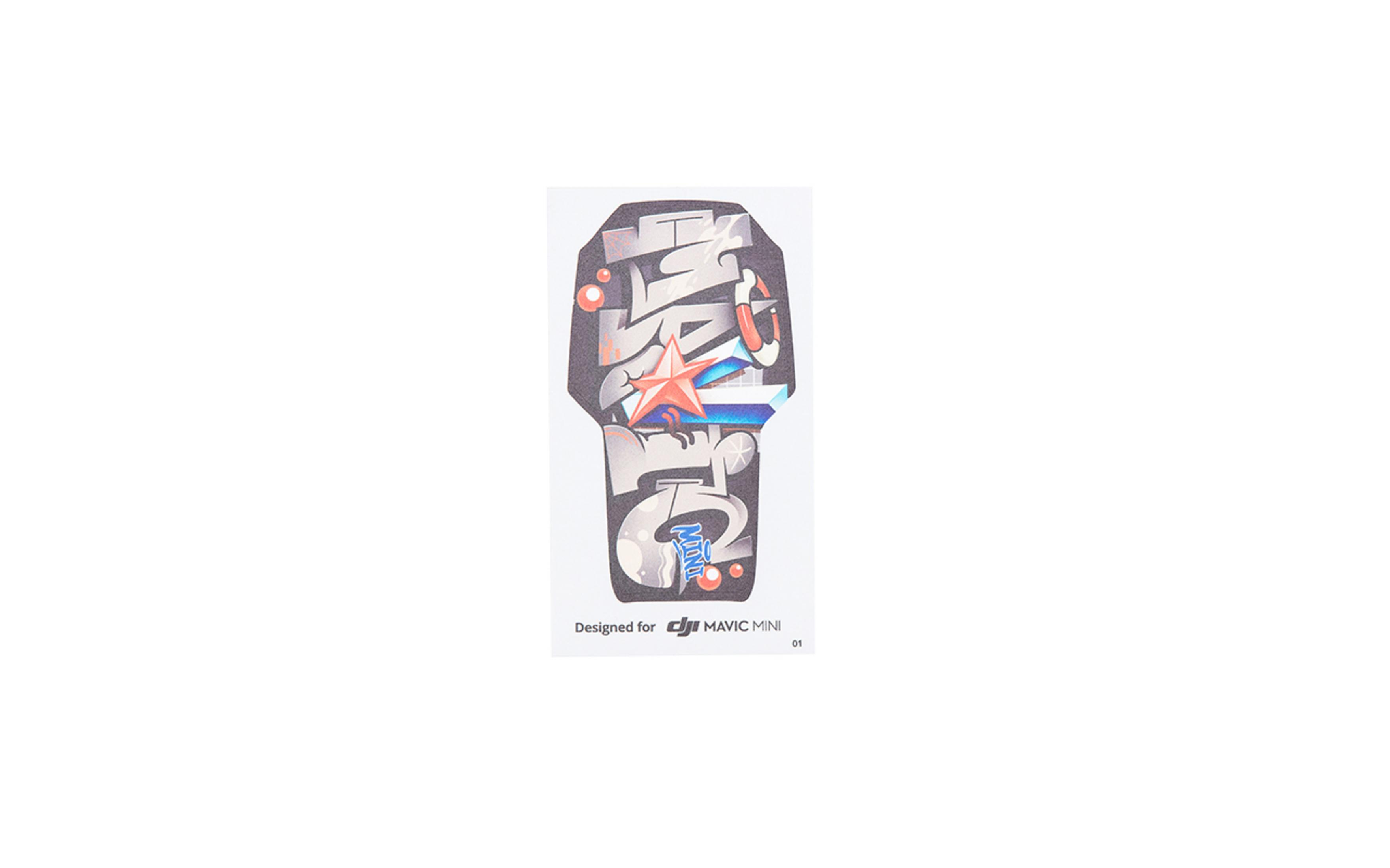 Ein Aufkleber für eine DJI Mavic Mini Drohne. Er hat Text und Kunst im Graffiti-Stil.