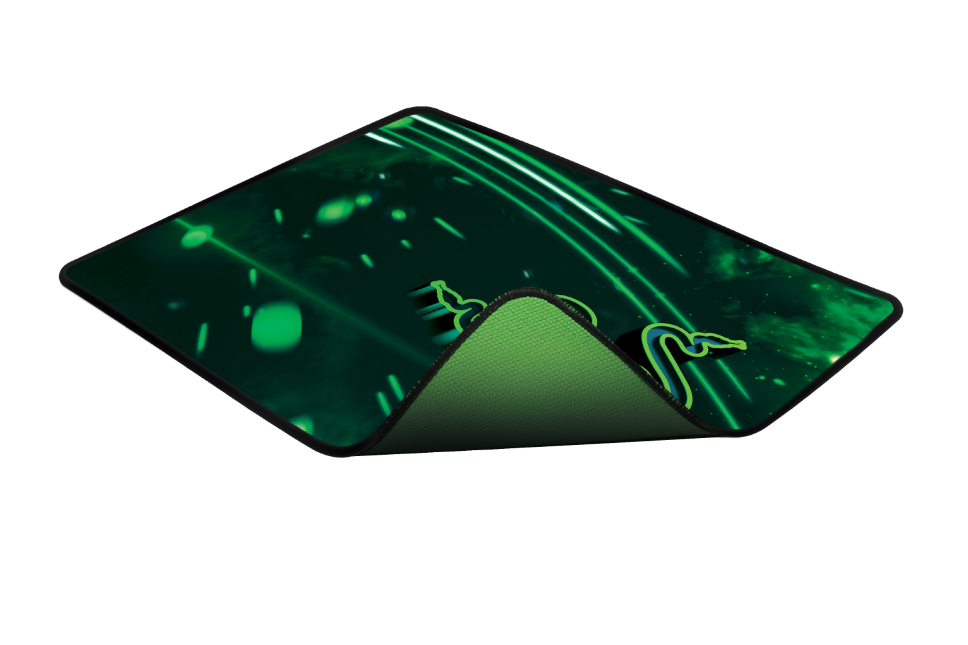 Zielona i czarna podkładka pod mysz Razer z logo Razer na białym tle.