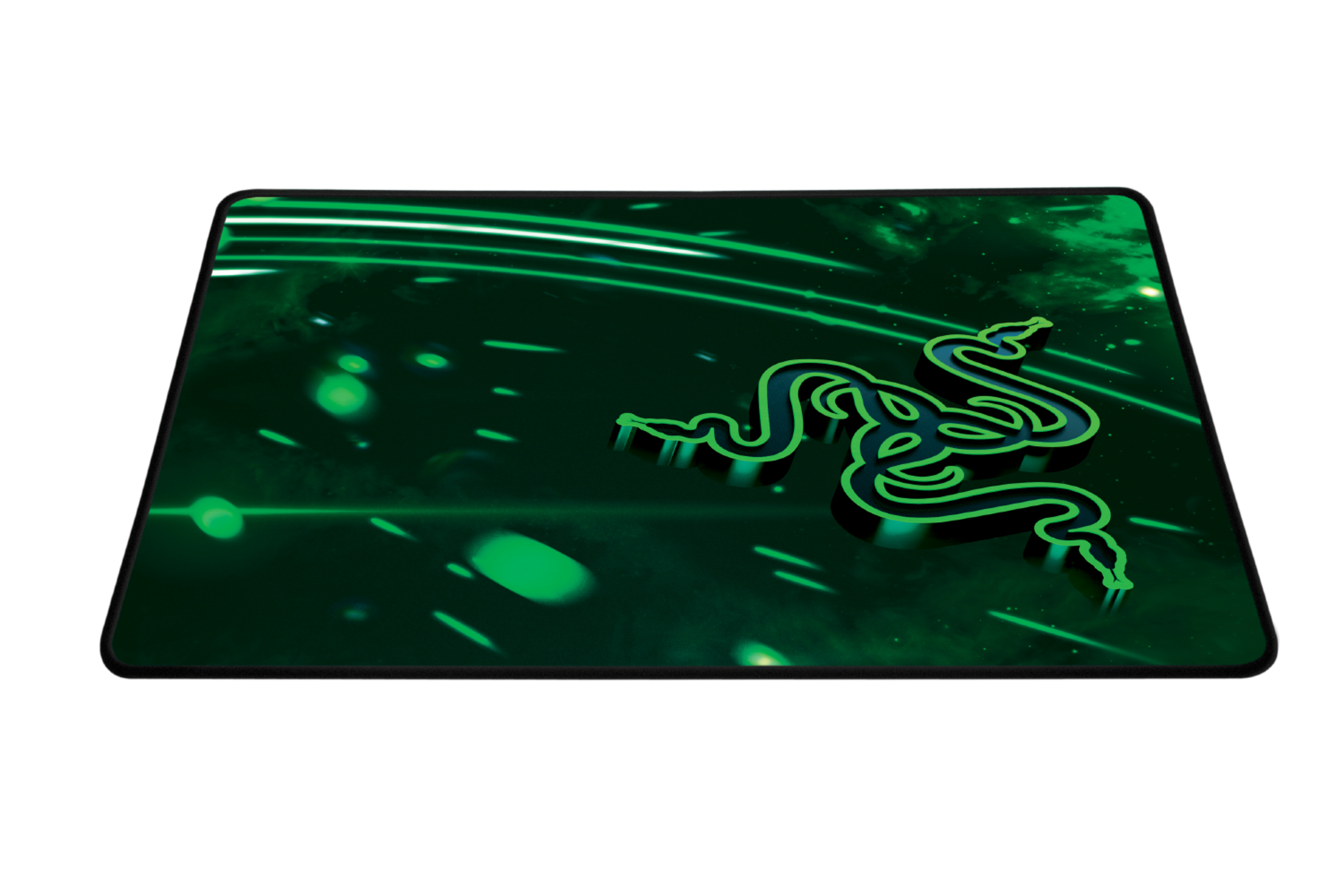 Czarna podkładka pod mysz z zielonym logo Razer. Tło to zielony, abstrakcyjny wzór.
