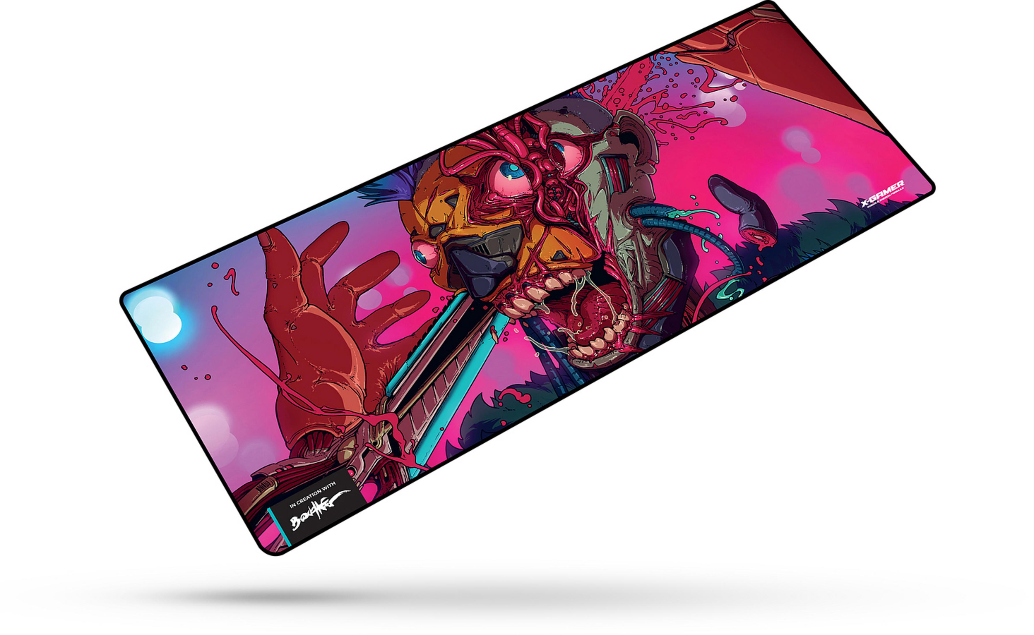 Gaming-Mauspad mit einer zombieartigen Charakterillustration in leuchtenden Farben. Mit einer ausgestreckten Hand.