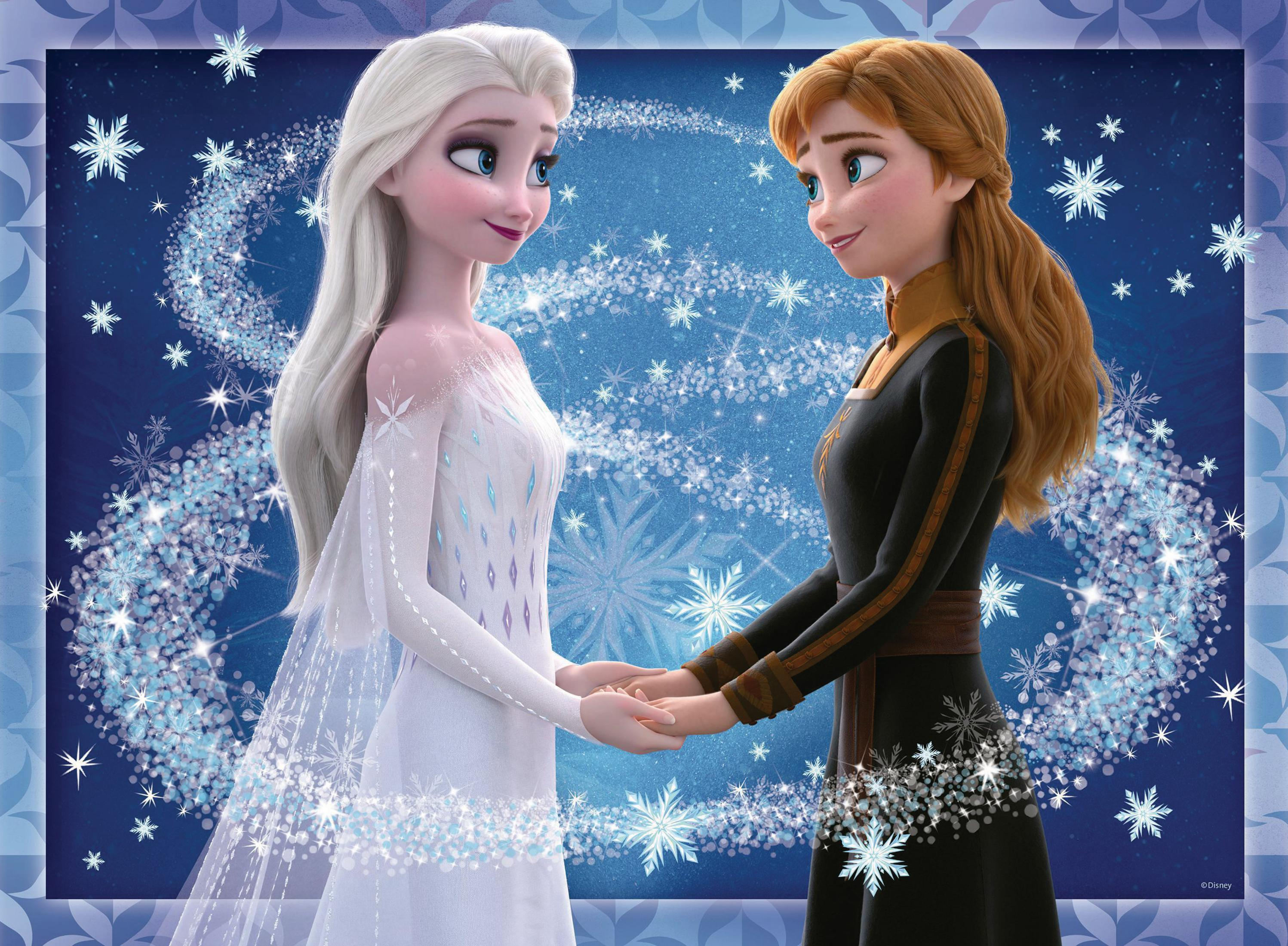 Illustration von Elsa und Anna, die Hände halten, Schneeflocken, blauer Hintergrund.