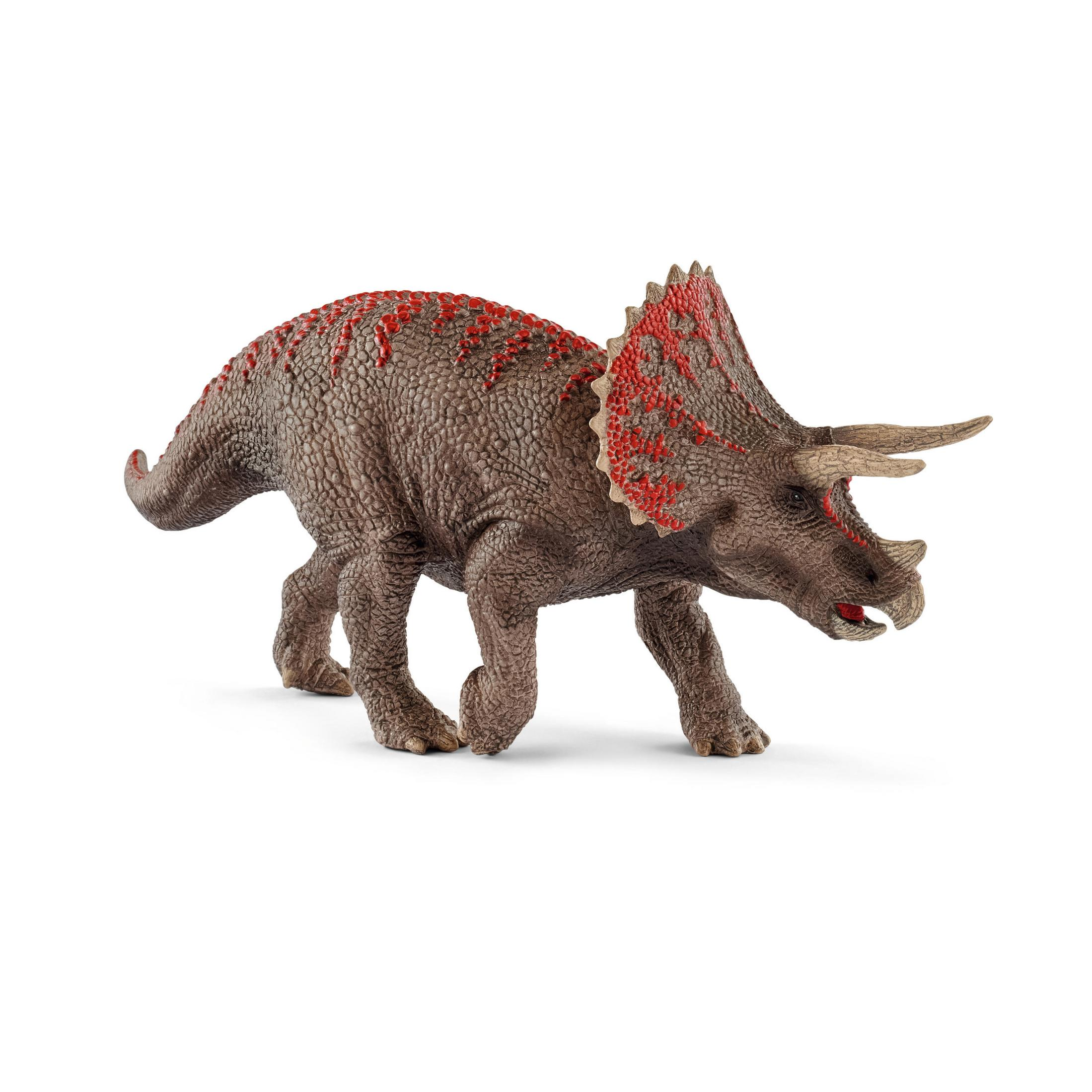 Brązowa zabawka dinozaura triceratops. Ma czerwone oznaczenia na kołnierzu. Tło jest białe.