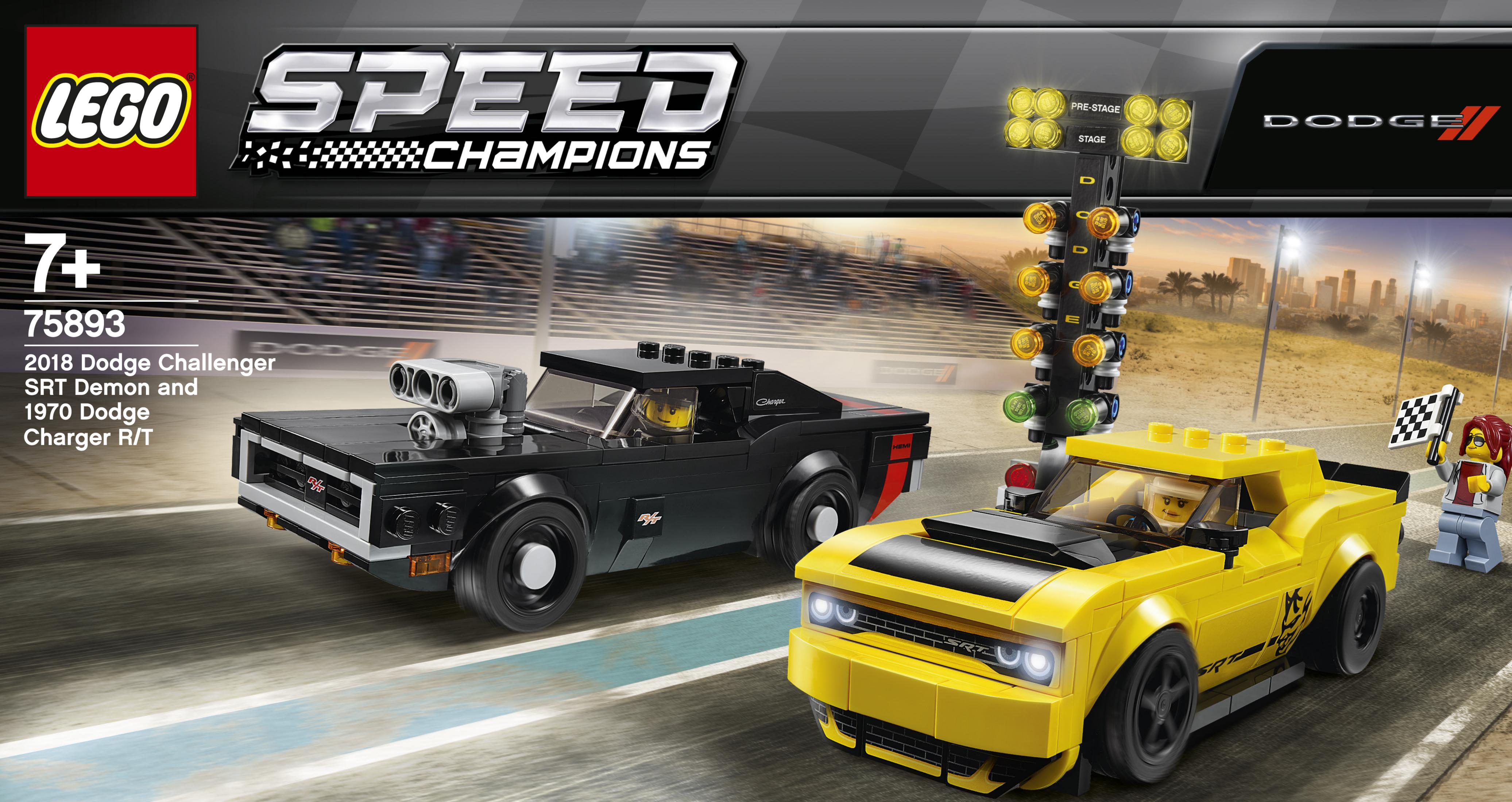 Lego Speed Champions Set mit schwarzen und gelben Dodge Autos und einer Rennstrecke.