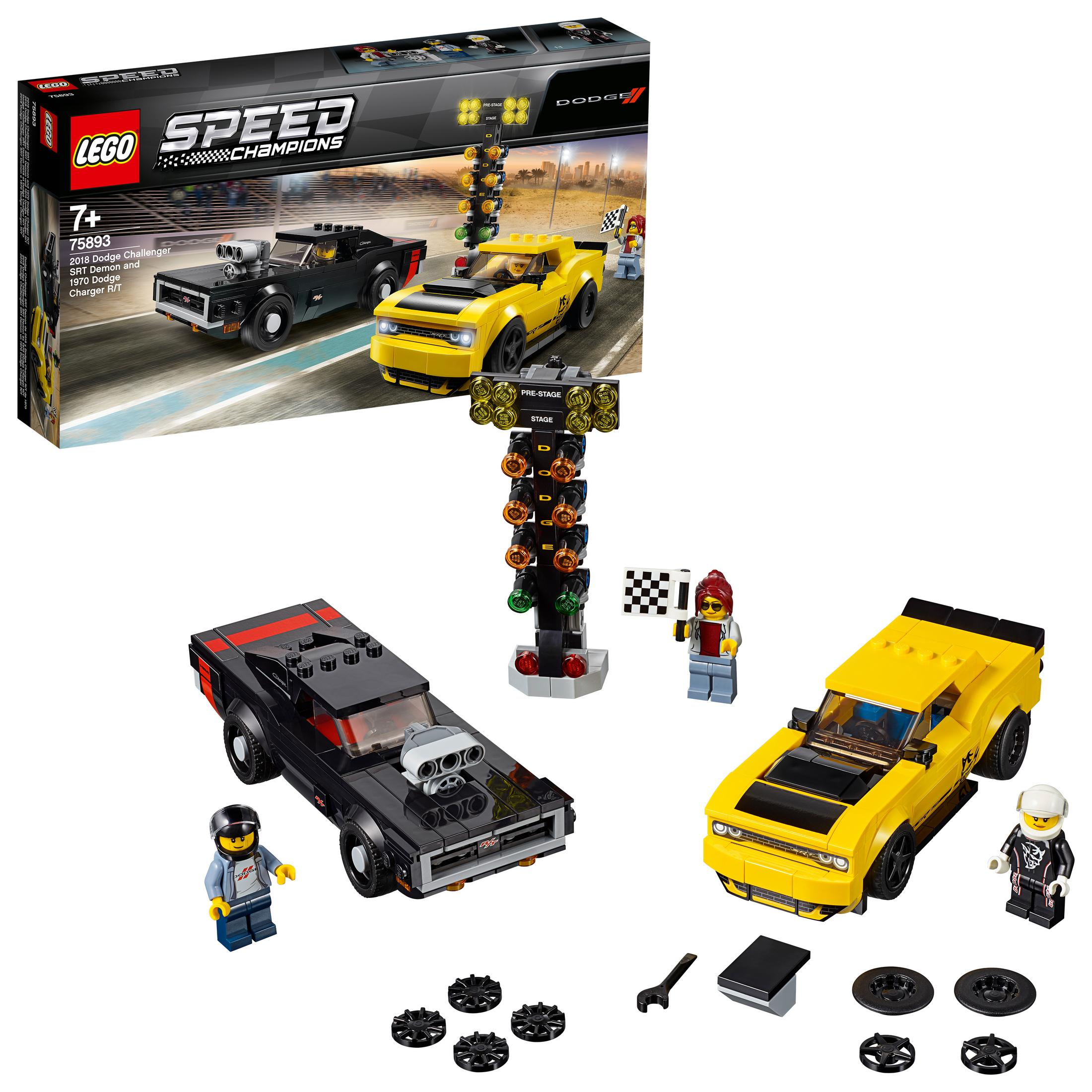 Lego Speed Champions Set mit Rennwagen, Figuren und Zubehör. Ein schwarzes und gelbes Auto.