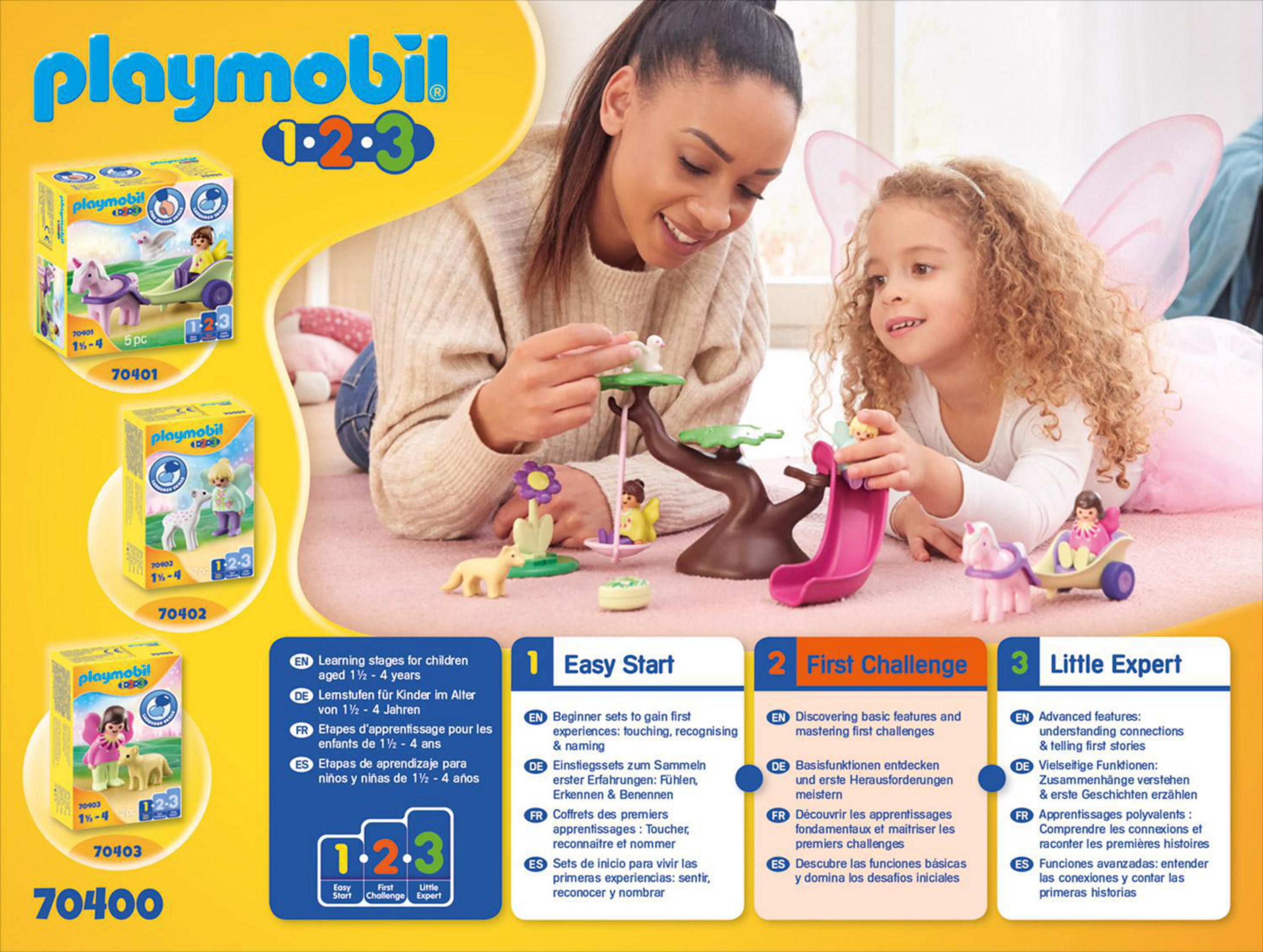 Una madre e un bambino che giocano con i giocattoli Playmobil.