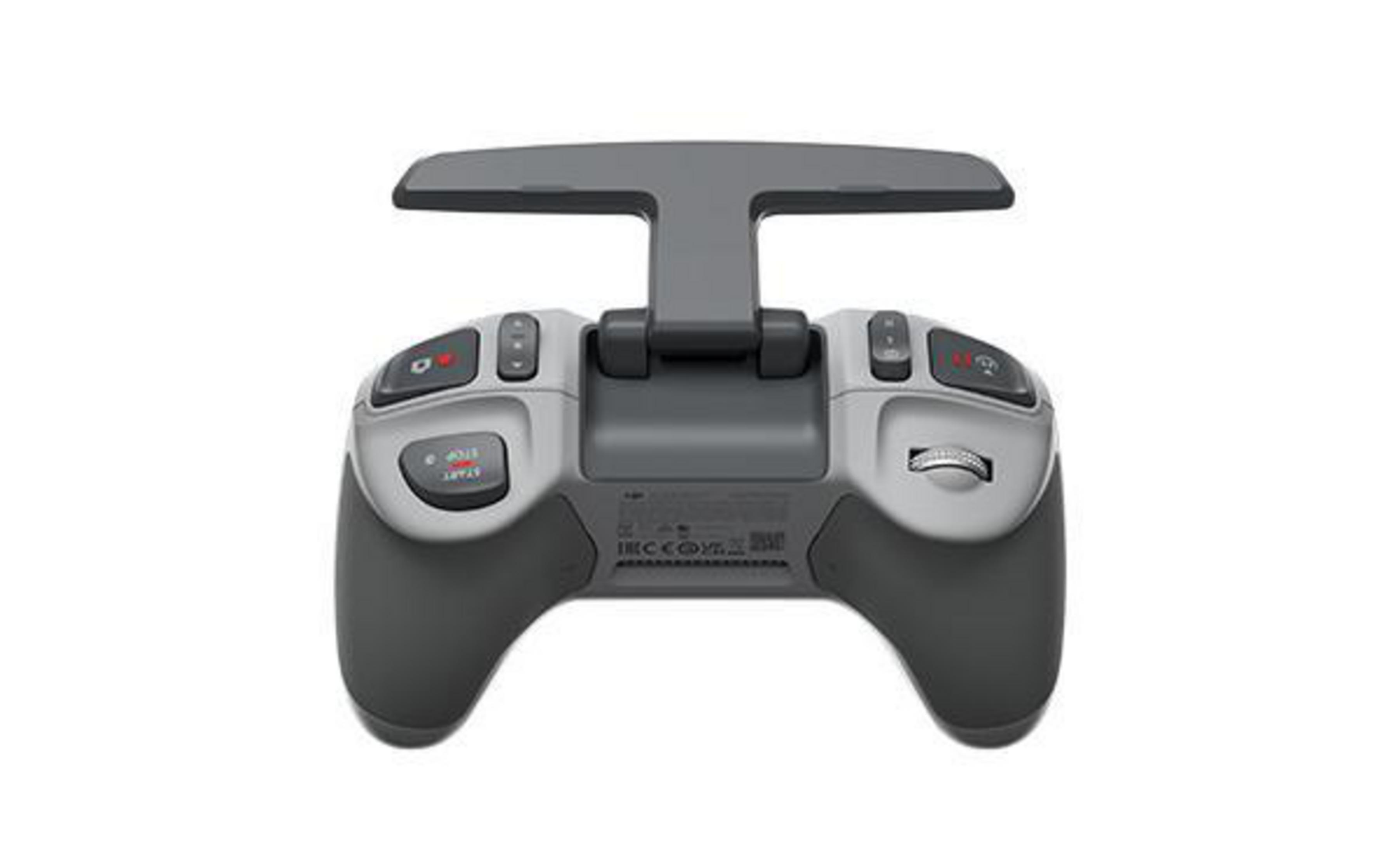 Szary i czarny kontroler do gier z przyciskami i składanym uchwytem na wyświetlacz.