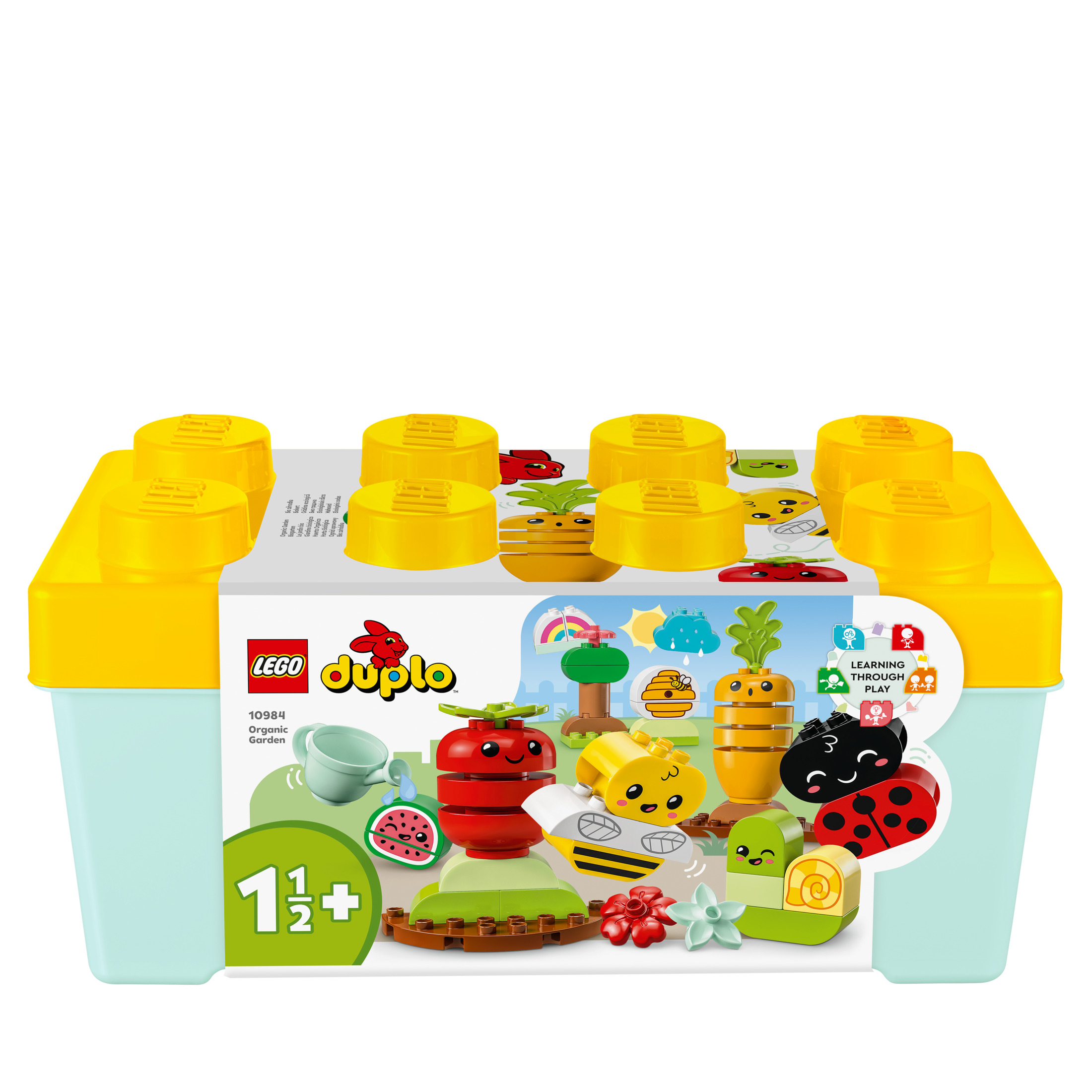 Pudełko Lego Duplo z klockami o tematyce ogrodowej i arbuzem. Na białym tle.