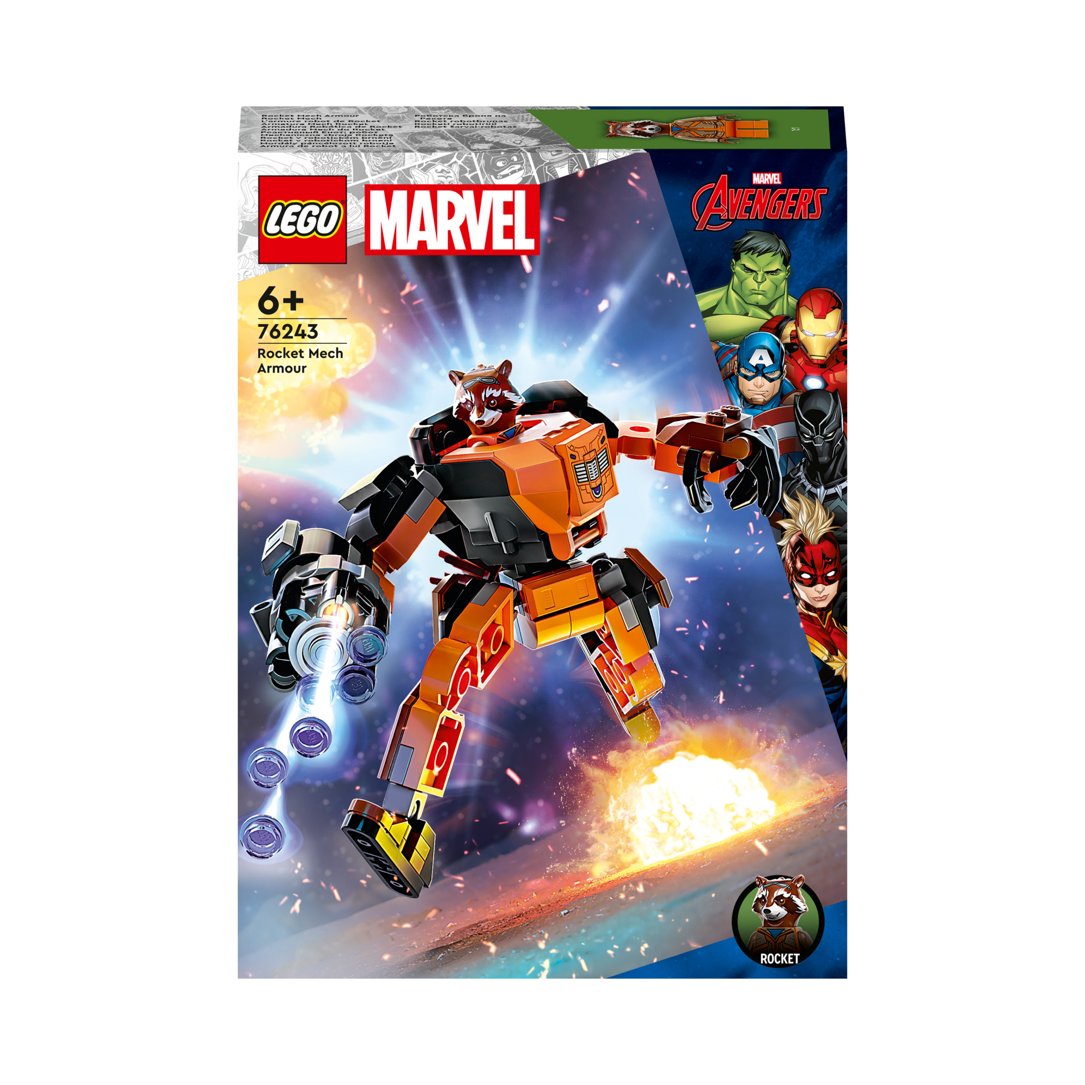 Lego Marvel setdoos met een robot en superhelden.
