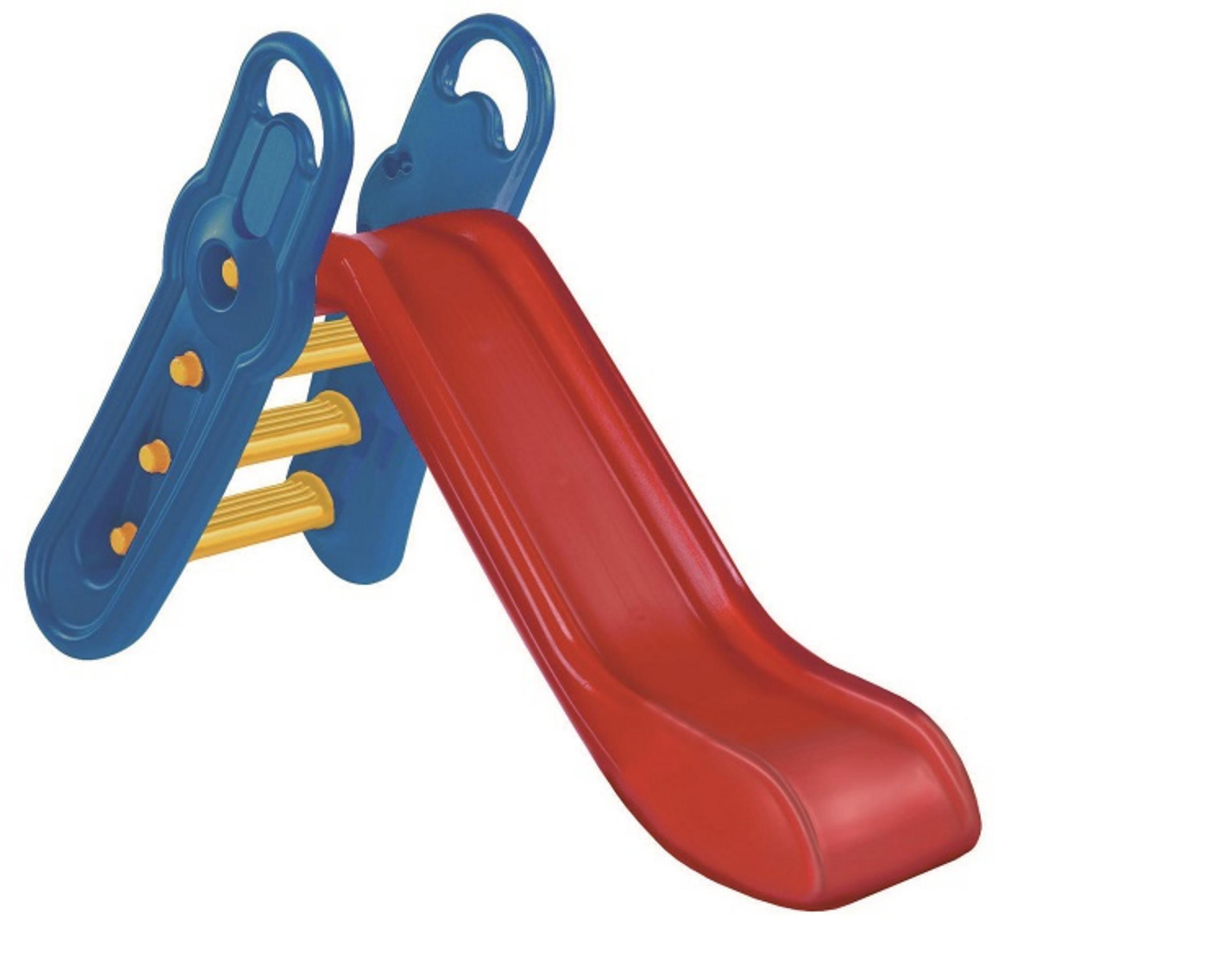 Eine rote Plastikrutsche mit blauen Stufen und Seiten, isoliert auf weißem Hintergrund, für Kinder.