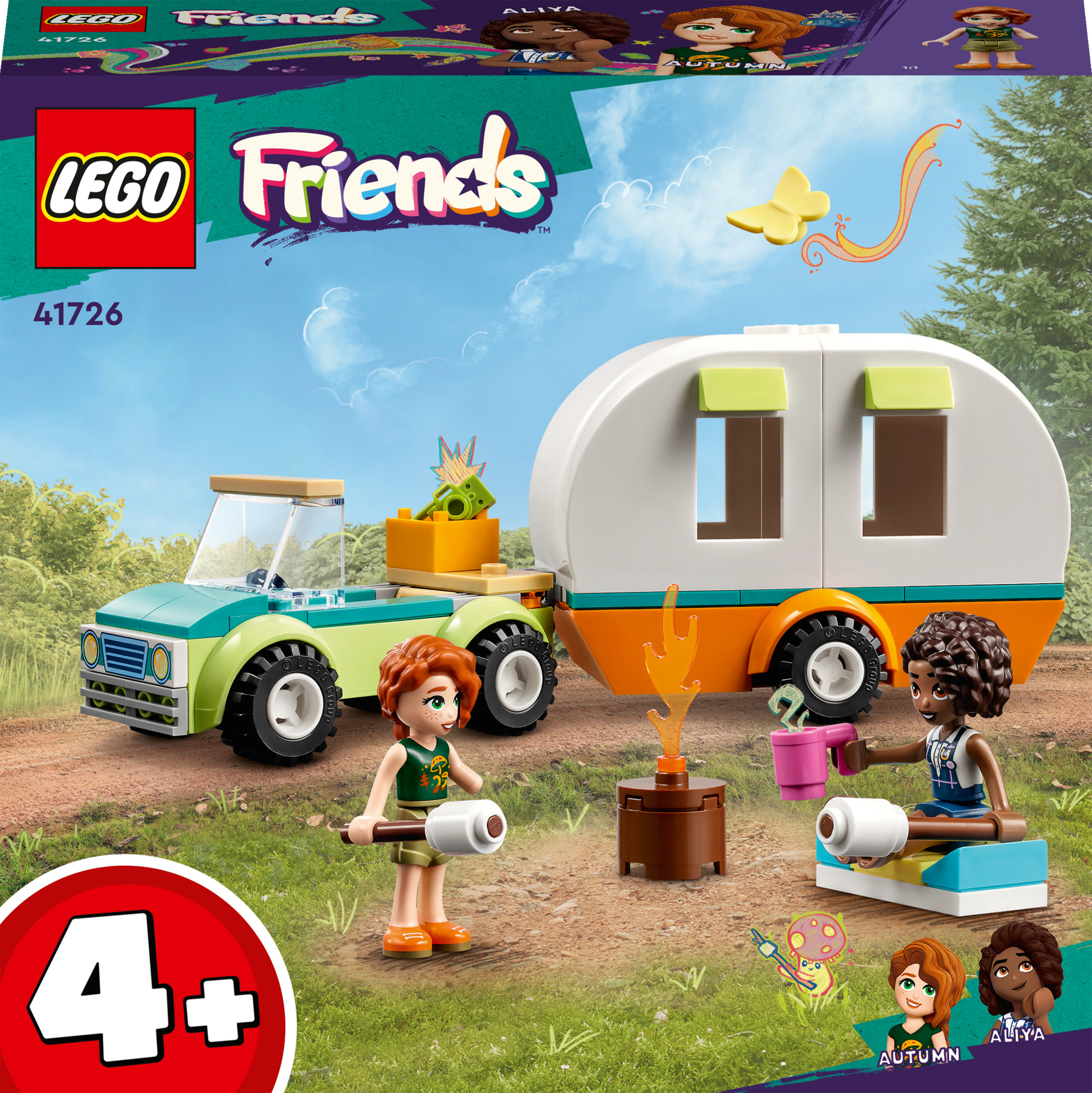 LEGO Friends set. Een groene vrachtwagen trekt een oranje en witte caravan. Twee meisjes en accessoires.