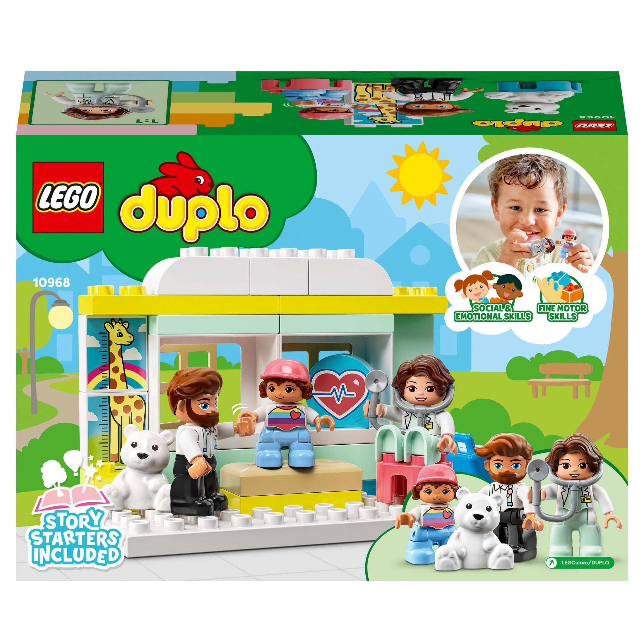 Lego Duplo Set Box. Es zeigt Lego-Figuren in einer Krankenhausumgebung. Die Box hat einen sonnigen Hintergrund.