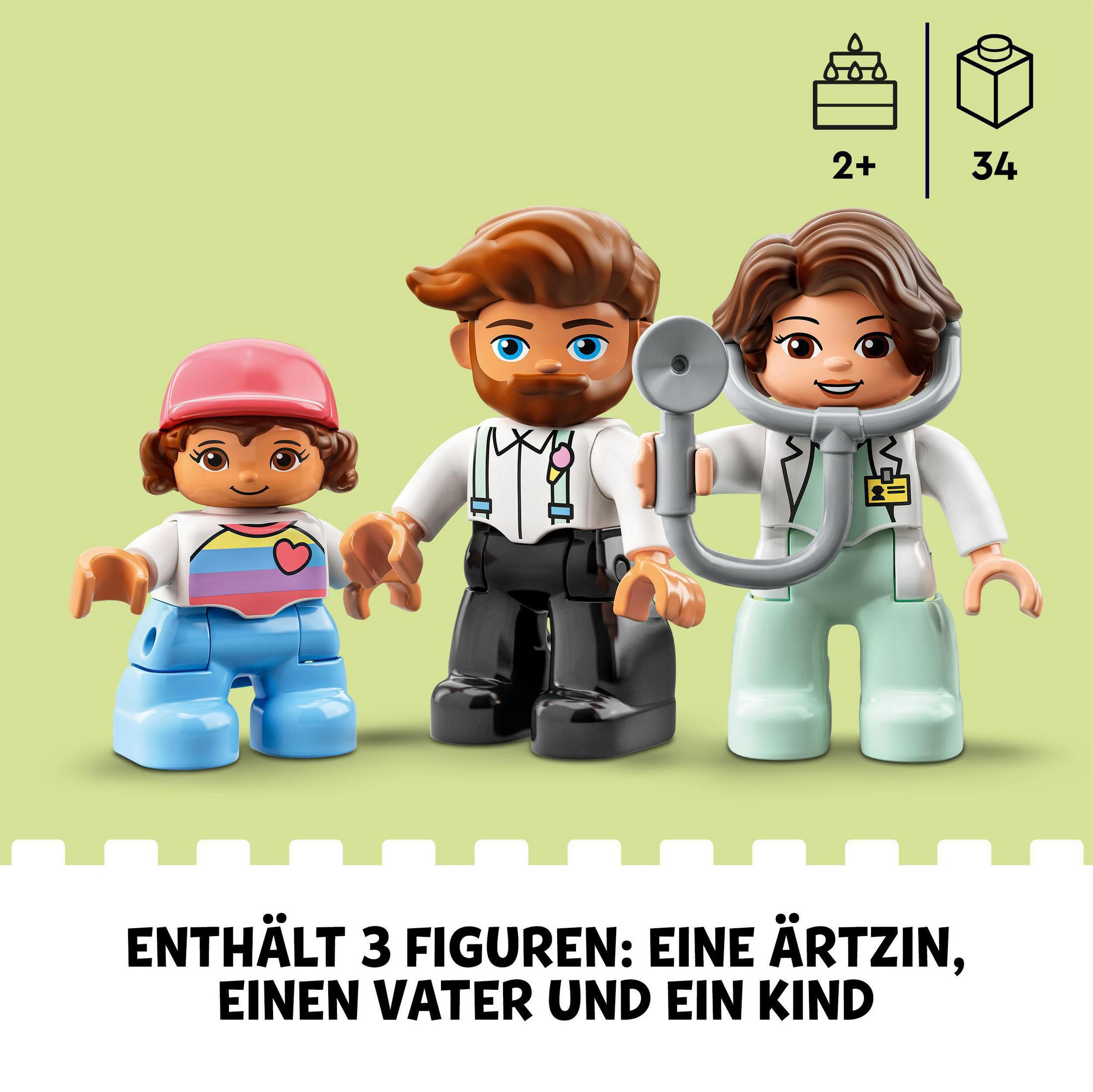 Lego Duplo Set: Arzt, Vater und Kind Figuren posieren auf grünem Hintergrund.