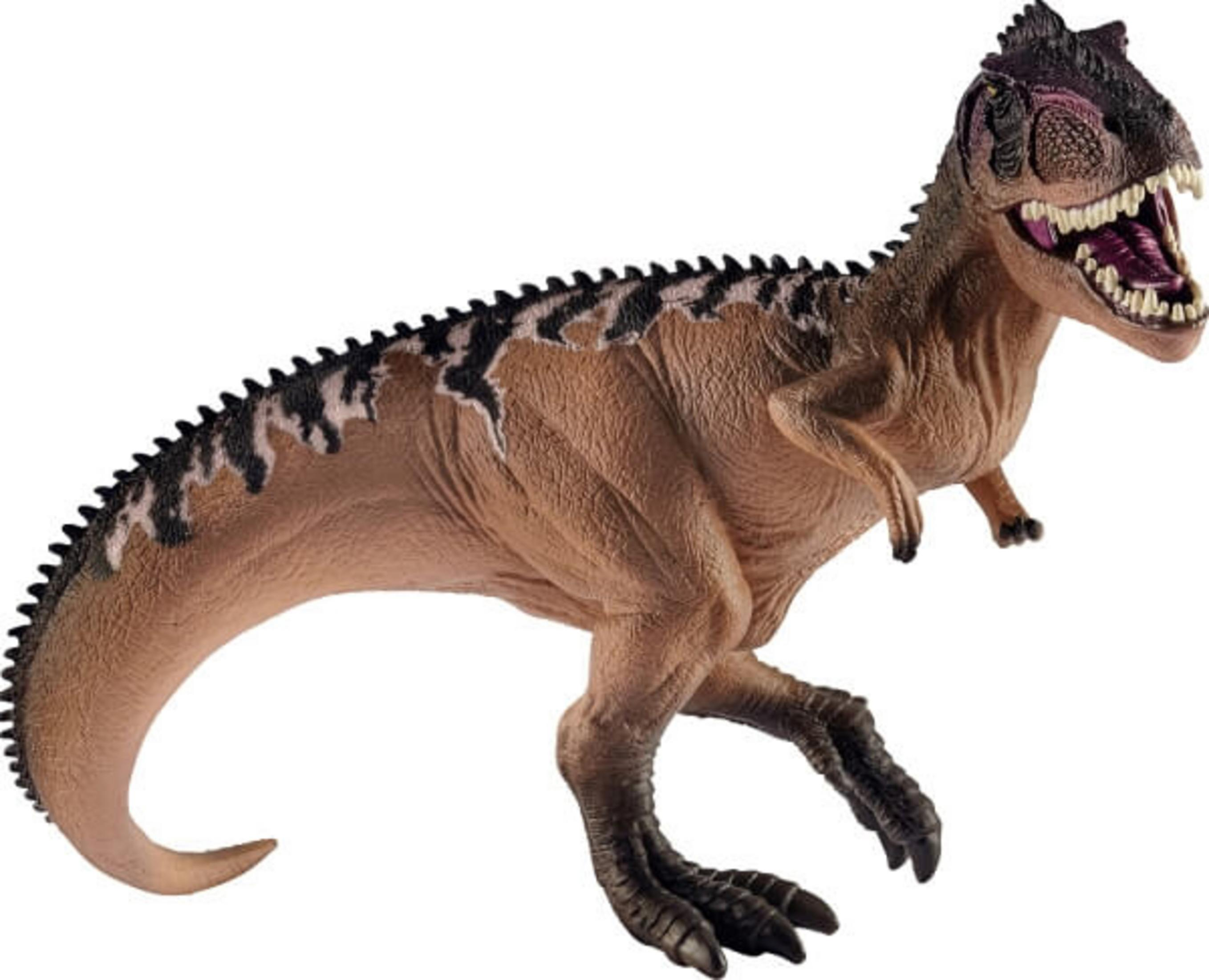 Un giocattolo di dinosauro marrone con bocca aperta, che mostra i denti. Sfondo bianco.