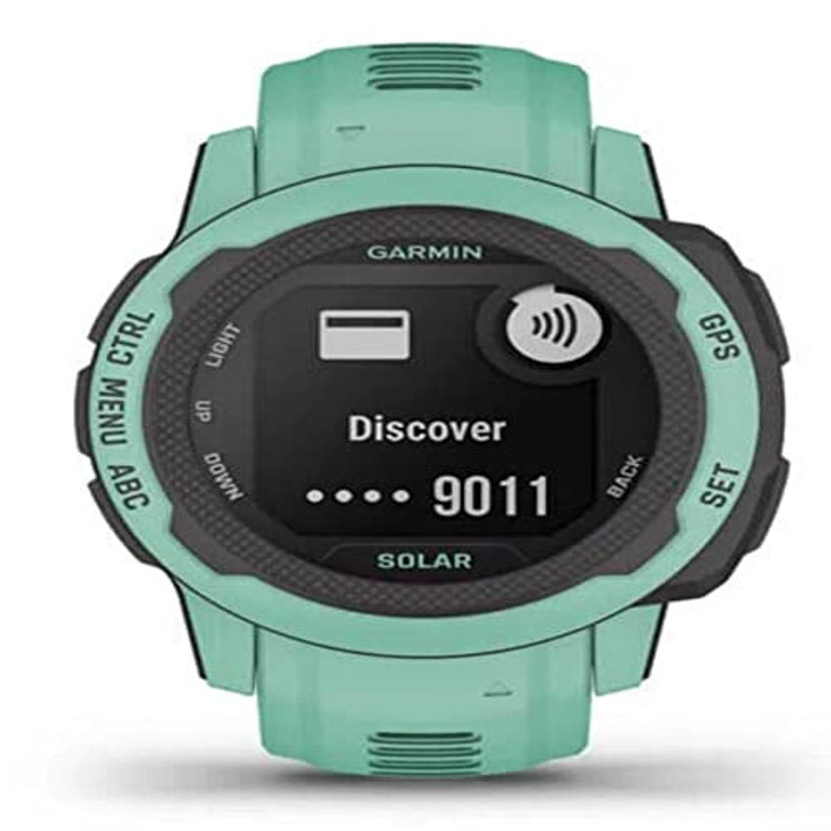 Eine Garmin Instinct Solar Uhr mit mintgrünem Armband, zeigt einen 'Discover'-Bildschirm.