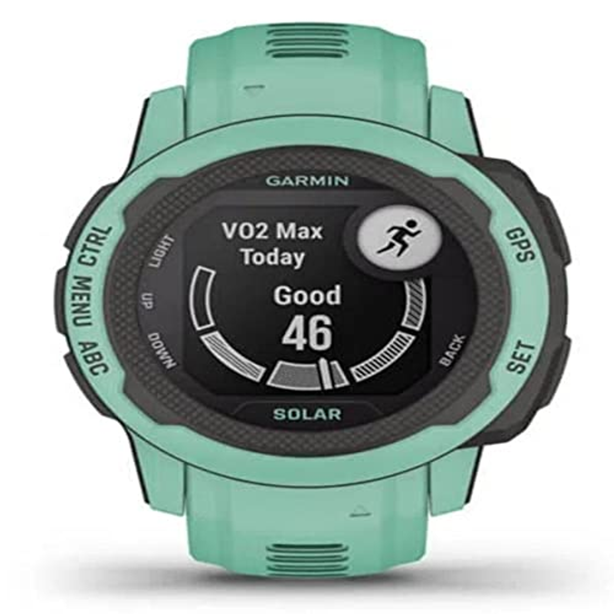 Garmin Instinct Uhr mit schwarzem und grünem Gehäuse, zeigt Fitnessmetriken und das Wort 'Good'.