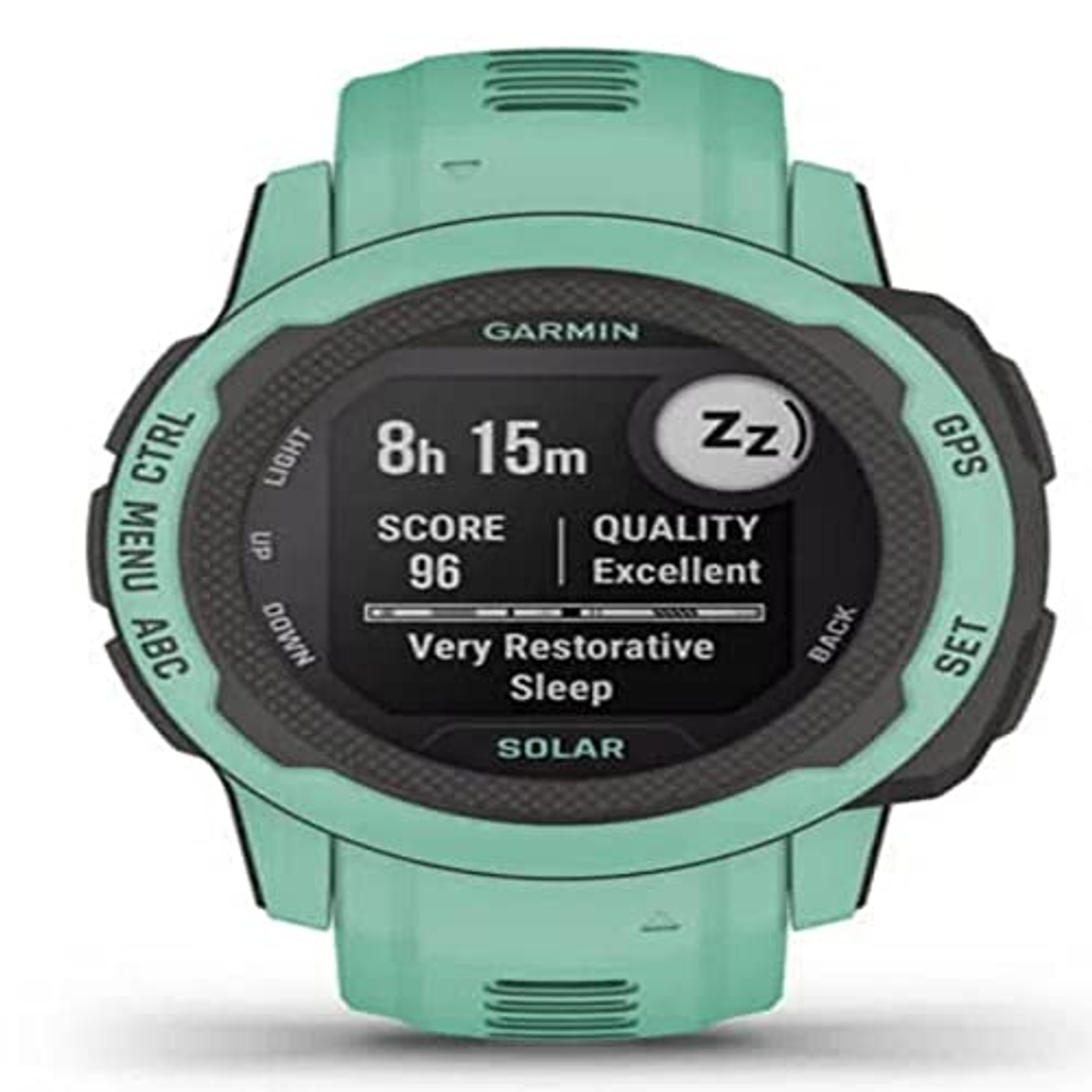 Eine Garmin Instinct Uhr mit Schlafanalyse. Die Uhr ist hellgrün und dunkelgrau.