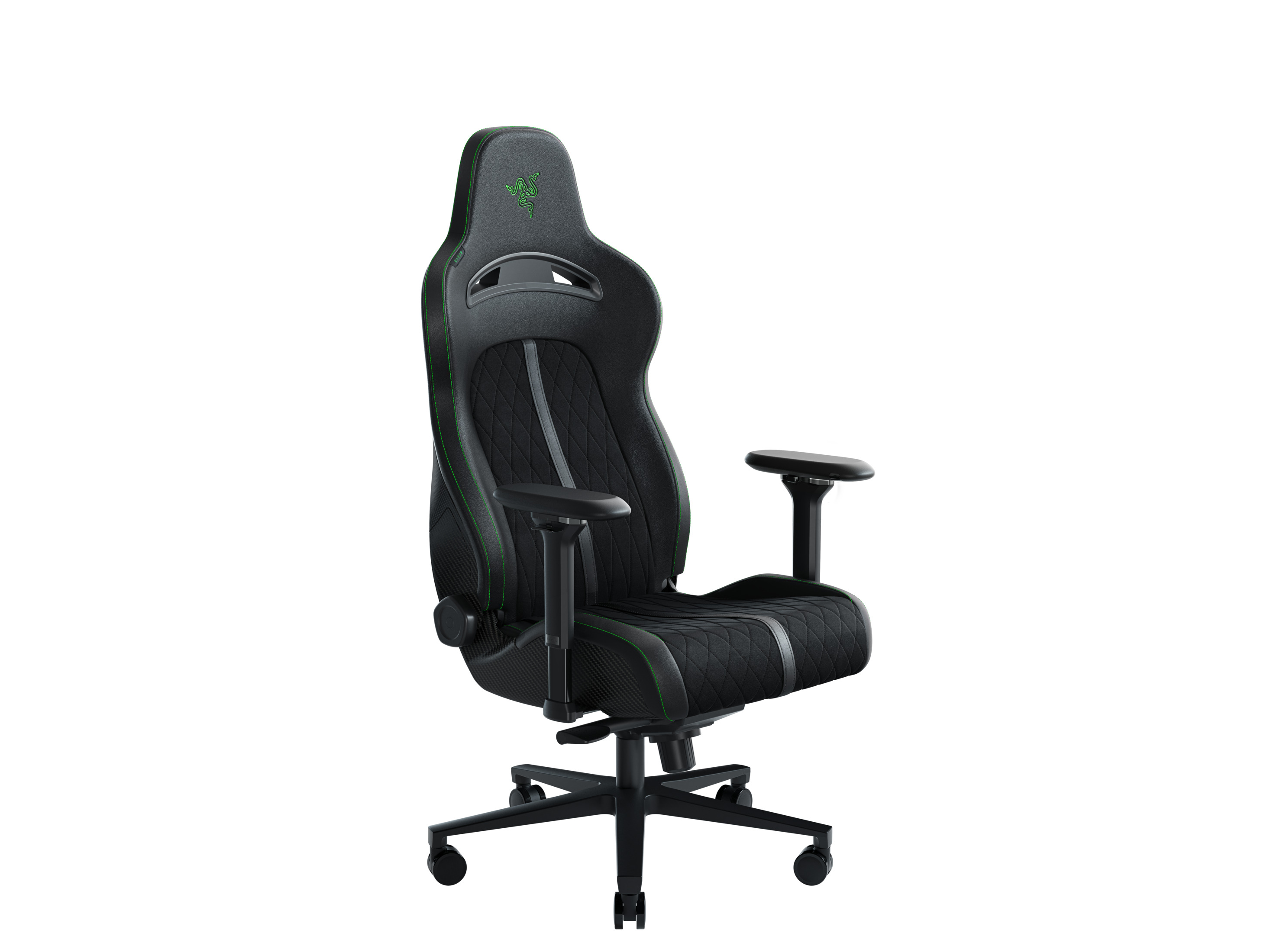 Schwarzer Gaming-Stuhl mit grünen Akzenten, weißer Hintergrund.