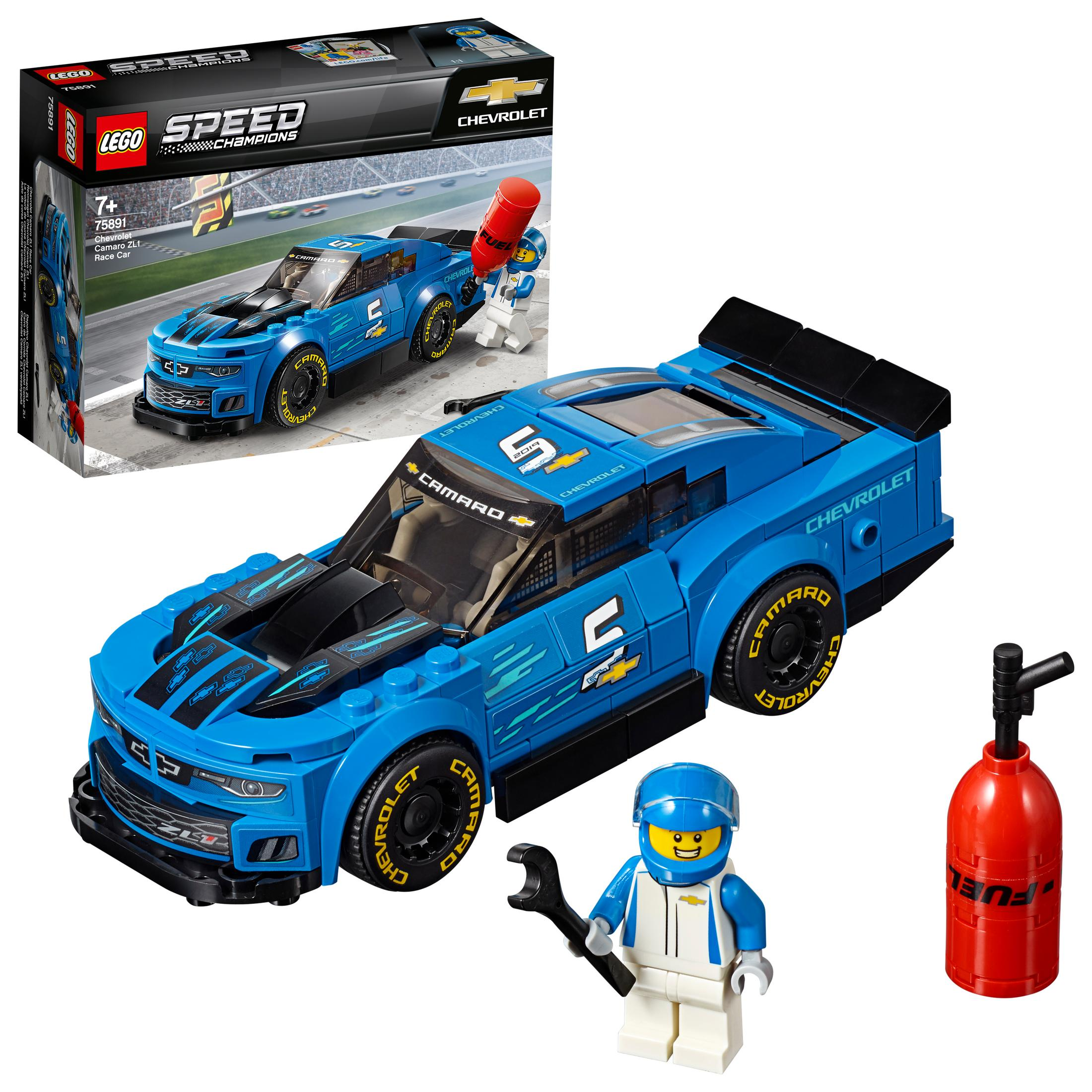 Modello di auto da corsa Lego Chevrolet Camaro, con personaggi e accessori.