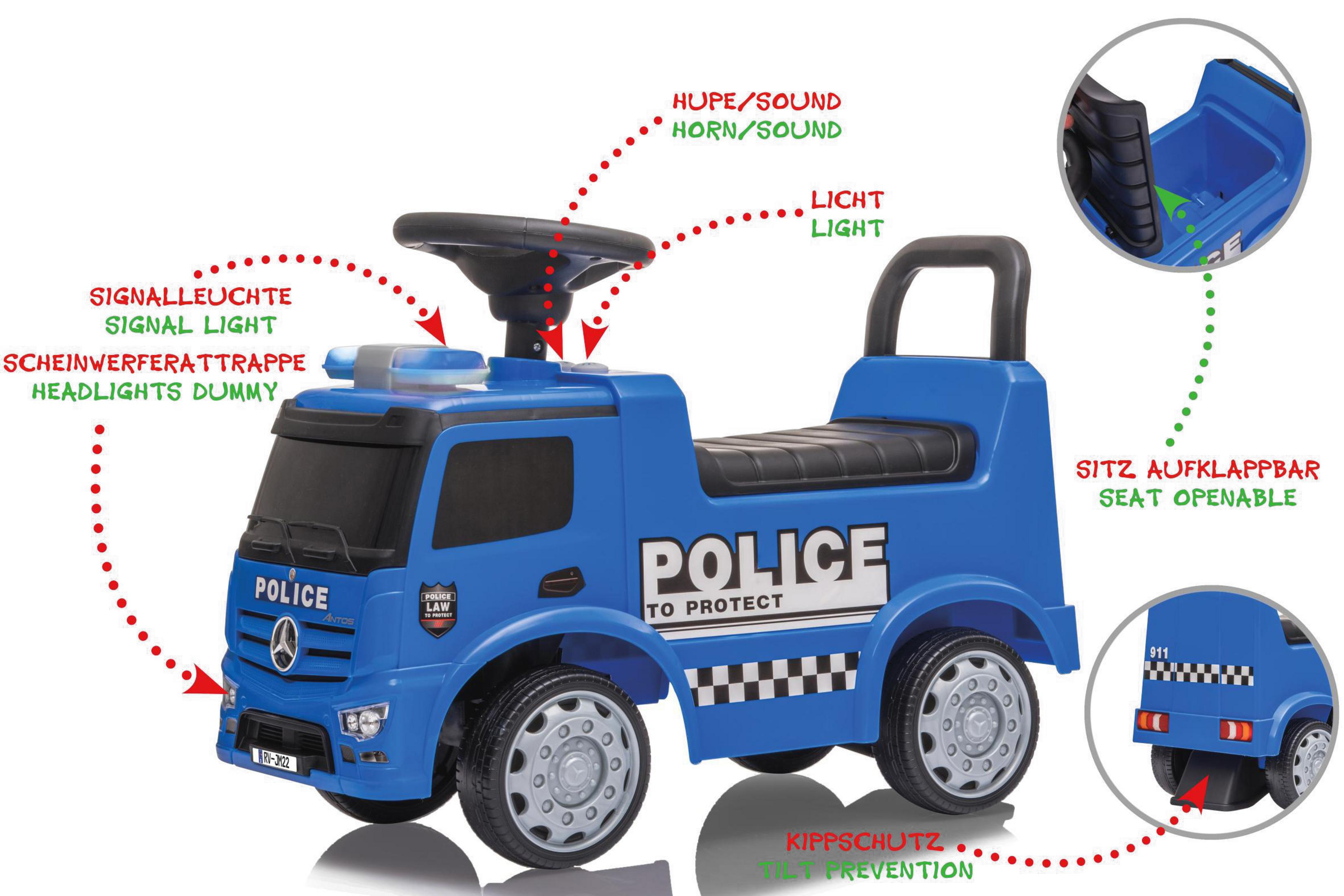 Blauer Spielzeug-Polizeiwagen. Mit beschrifteten Teilen: Signallicht, Hupe, Sitz und Kippschutz.