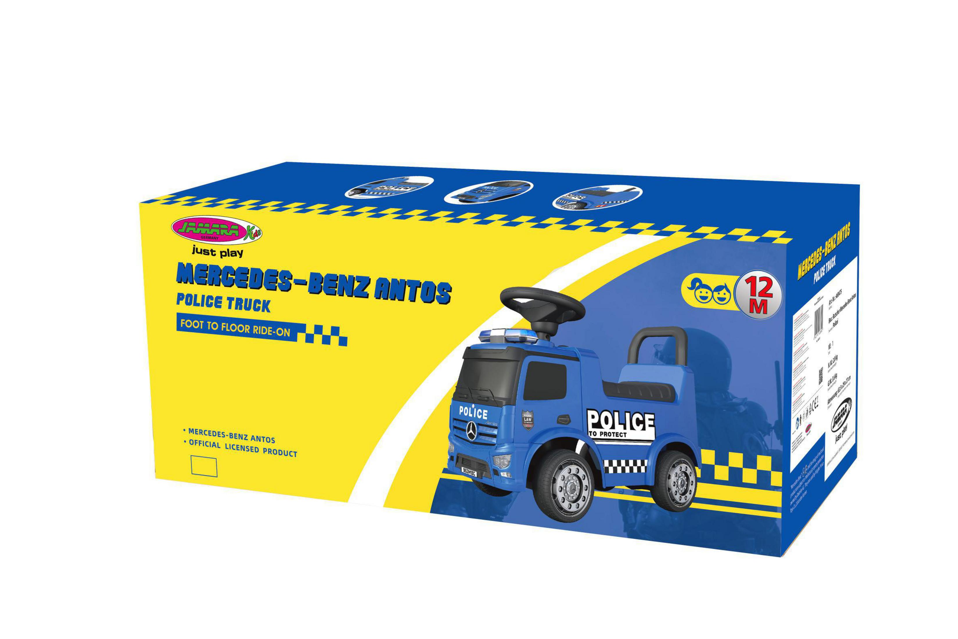 Ein blaues Spielzeug-Polizeiauto in einer Box. Die Box trägt die Aufschrift 'Police Truck' und 'Mercedes-Benz Antos'.