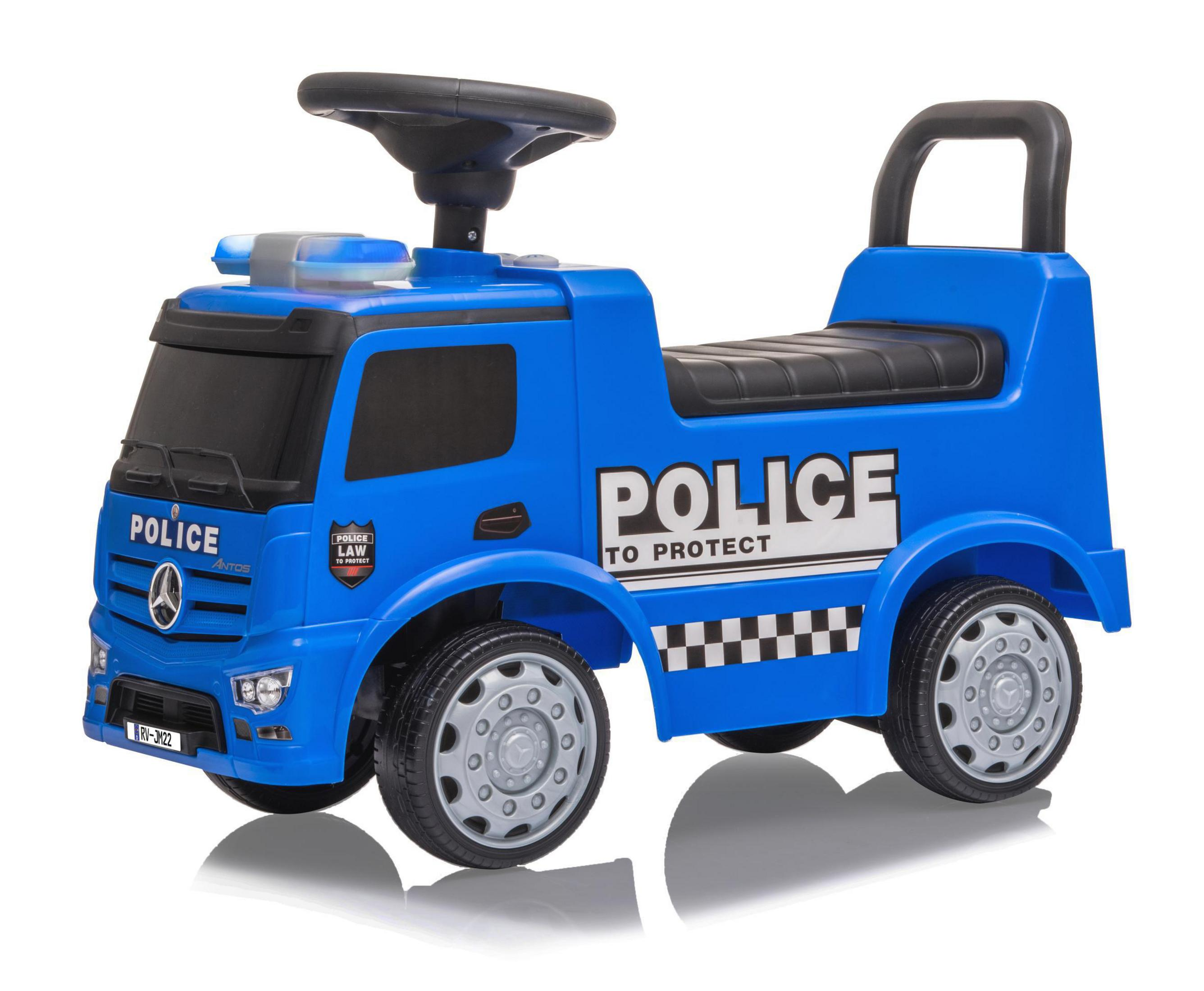 Blaues Polizei-Truck-Spielzeug. Schwarze Räder und ein schwarzer Sitz. Weißer Hintergrund.