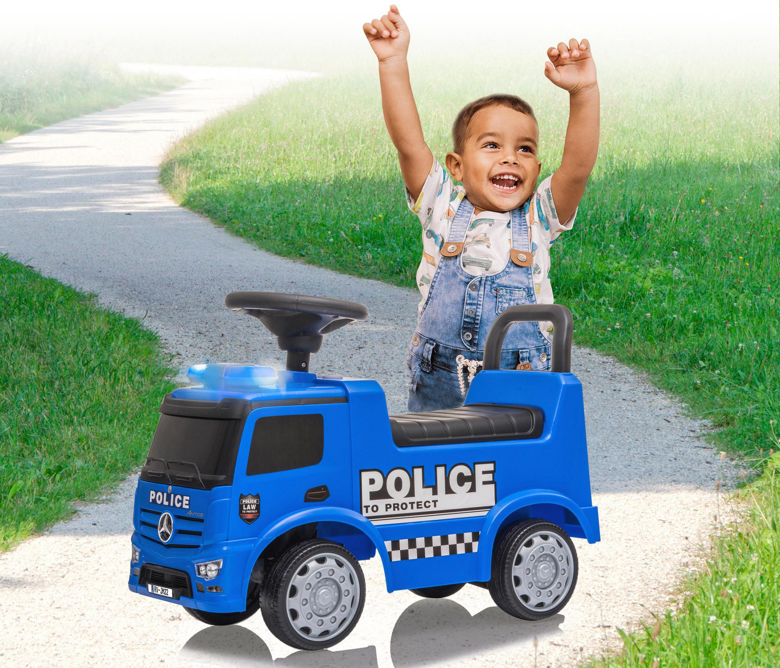 JAMARA 460475 RUTSCHER POLIZEI MERCEDES-BENZ Kinderfahrzeug Blau ANTOS