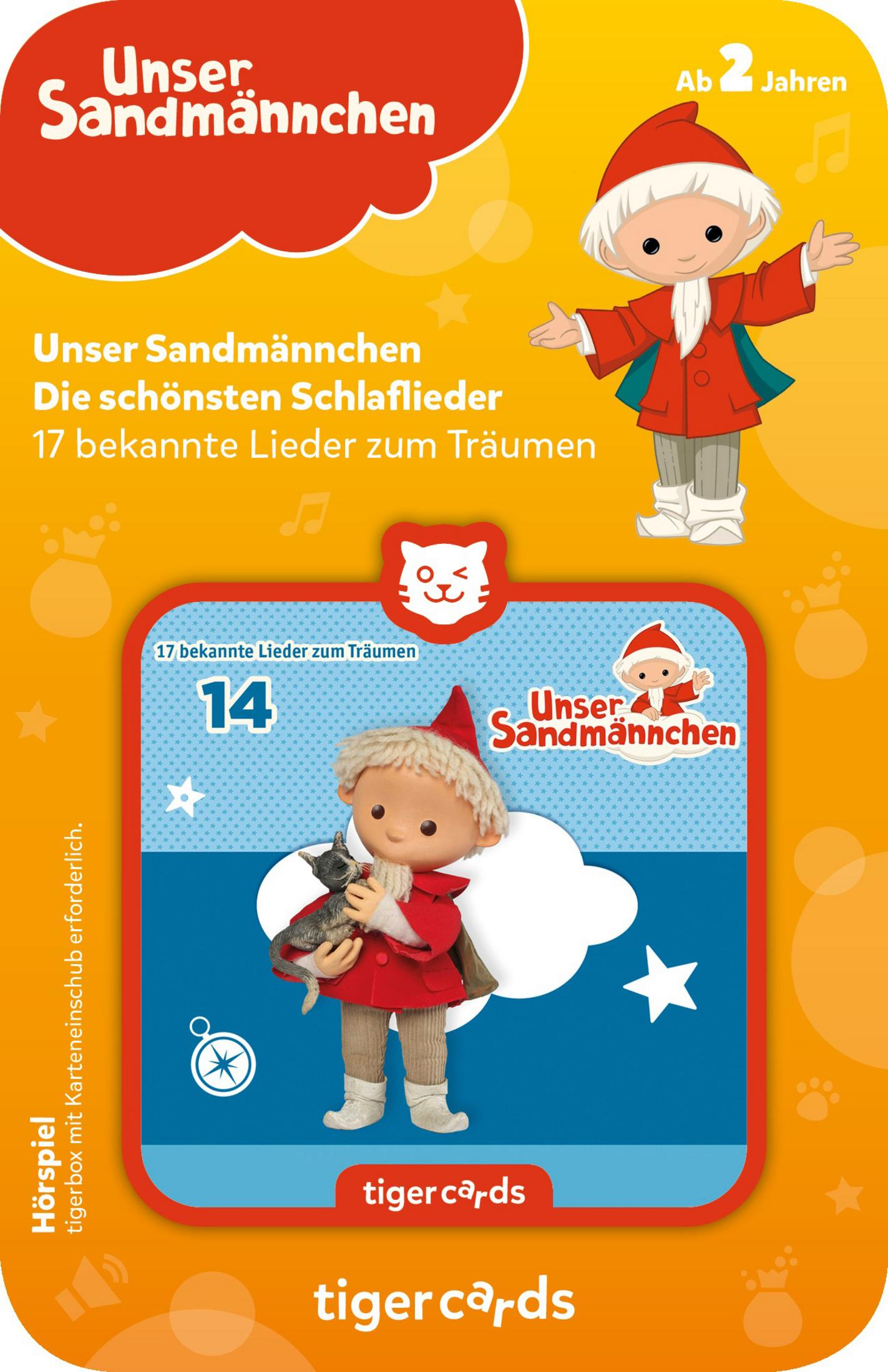 Kartonschachtel mit einem Cartoon-Sandmännchen und einem kleinen Sandmännchen mit einem Spielzeug.