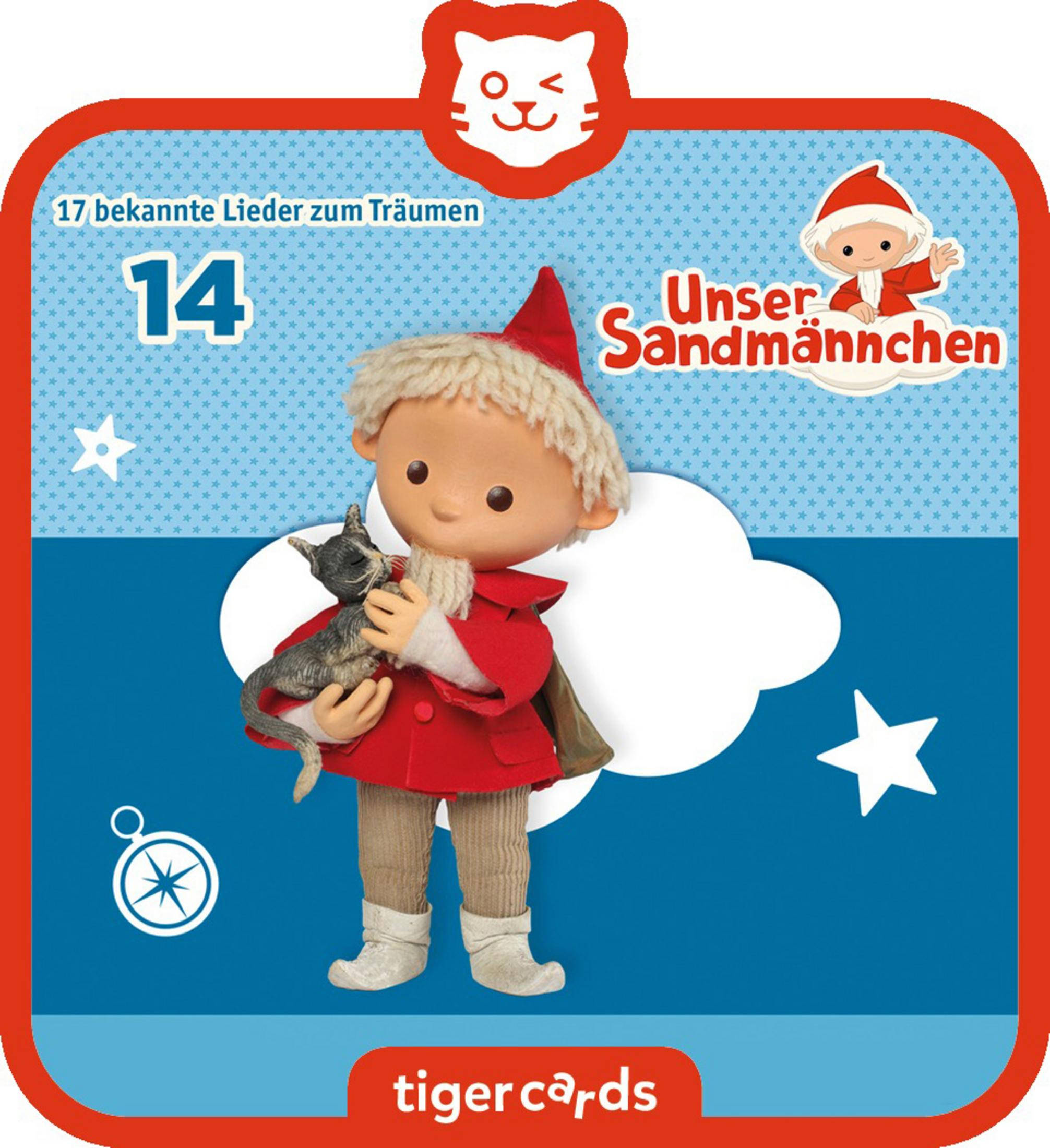 Eine Kinderkarte zeigt eine Sandmännchen-Puppe, die eine Katze hält, mit Text auf Deutsch.