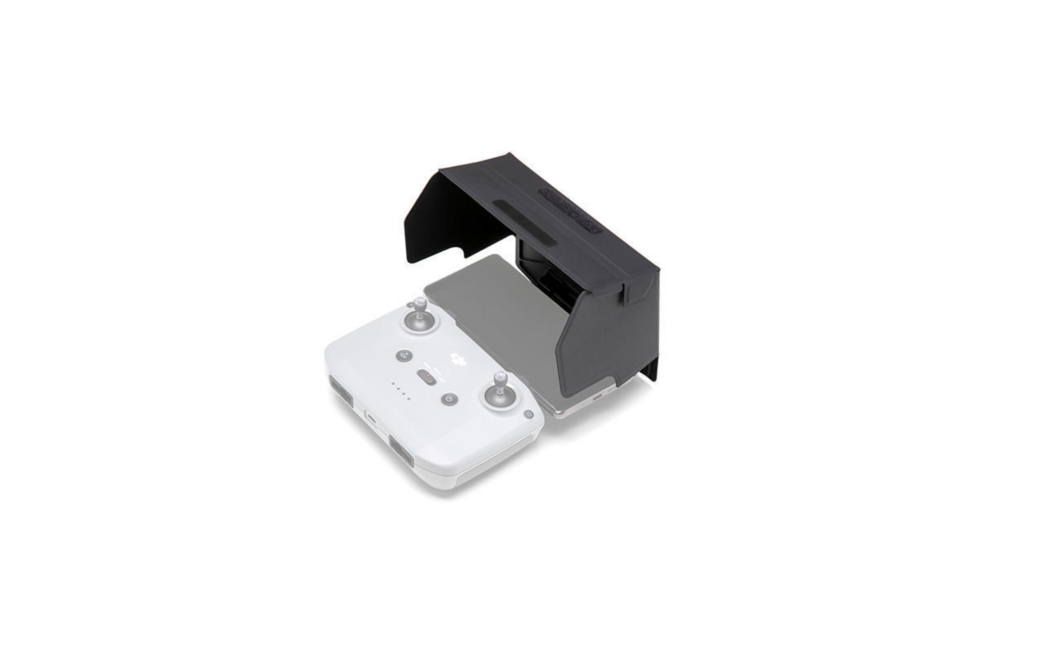 Schwarzer Drohnen-Controller mit Bildschirmschutz. Der Controller vor weißem Hintergrund.