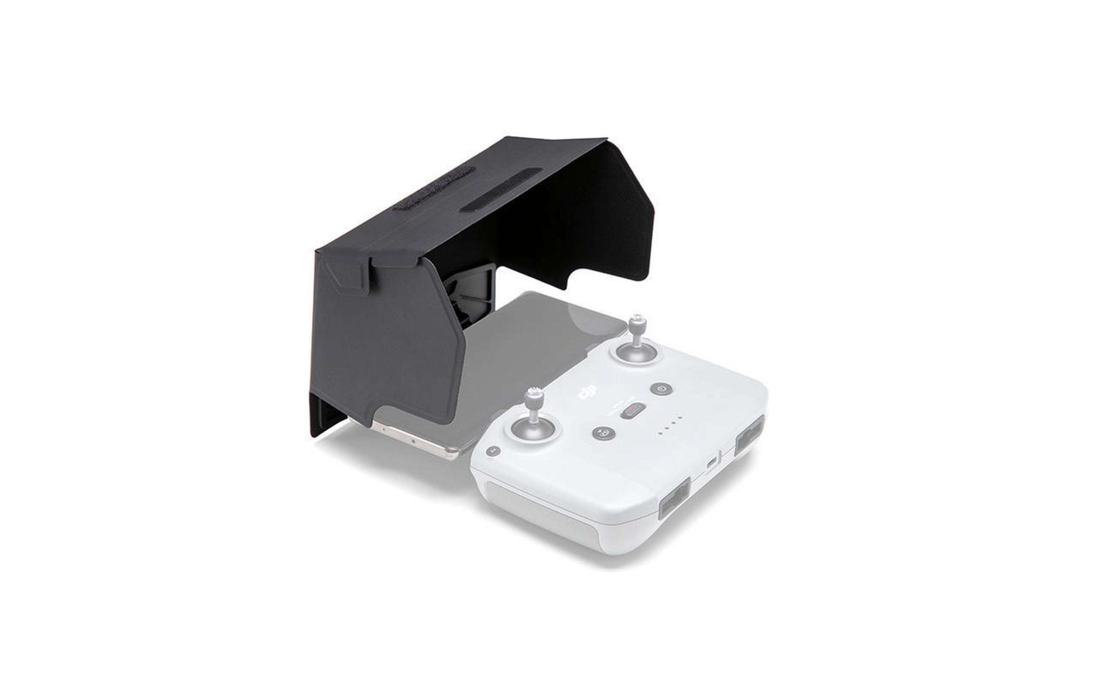 Schwarze Drohnen-Controller-Sonnenblende auf weißem Hintergrund, mit dem Controller sichtbar.
