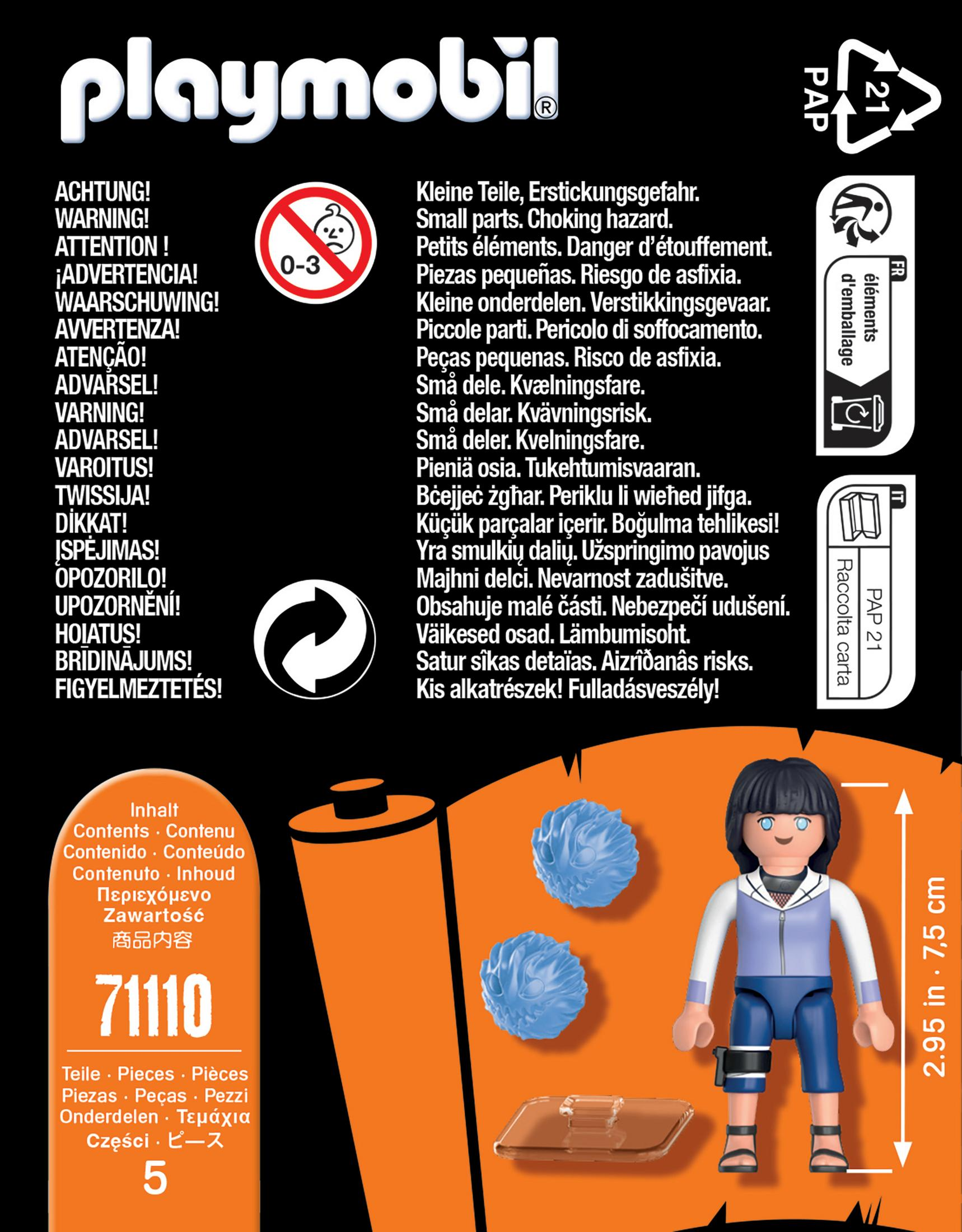 Playmobil-Box mit Puppe, Anweisungen und blauem Objekt auf weißem Hintergrund.