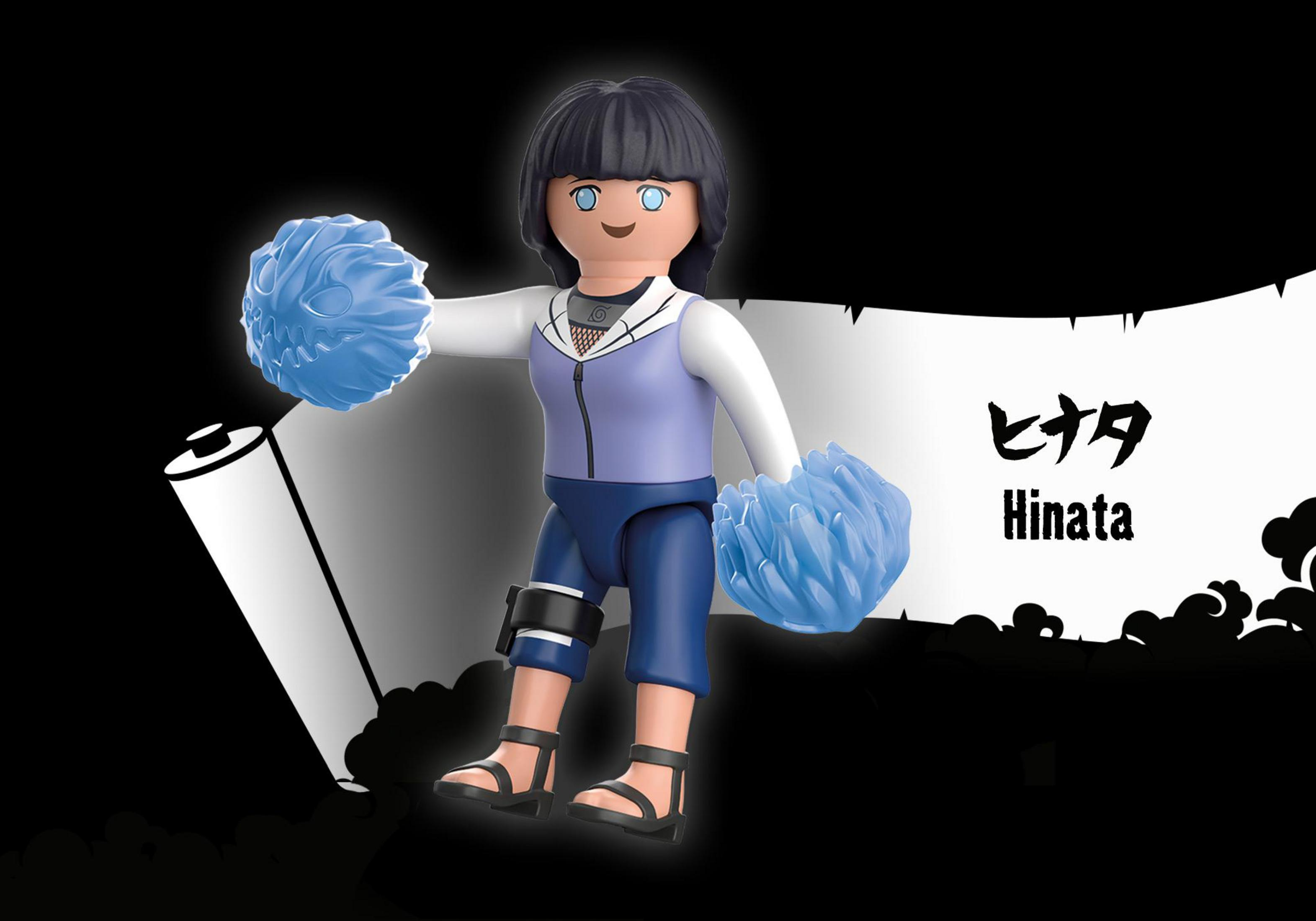 Playmobil-Figur eines Mädchens mit blauen Energiebällen und japanischem Text auf einer Schriftrolle.